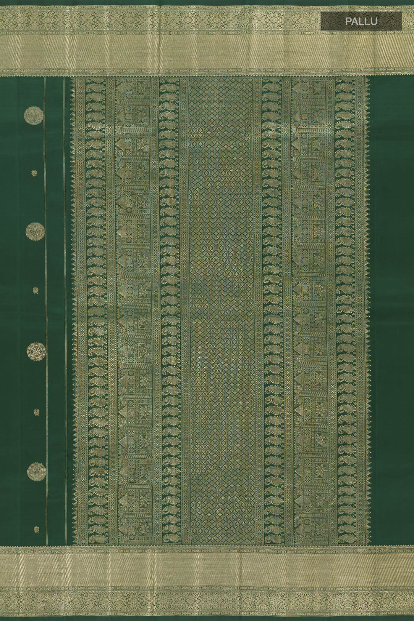 Close up image of the pallu of Green Kanjivaram Silk Saree with Zari Butta on the body and Zari Border. 