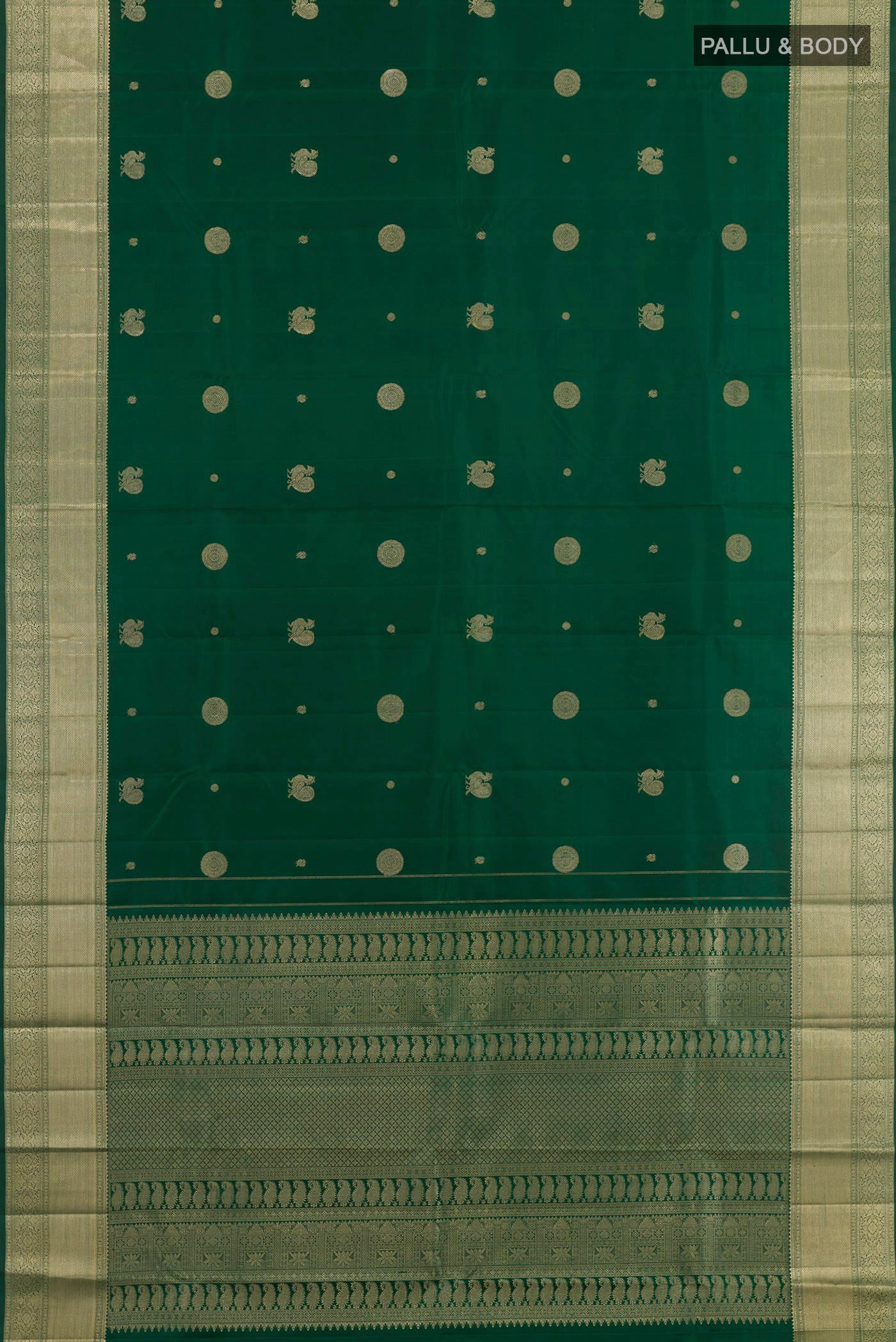 Flat view of Green Kanjivaram Silk Saree with Zari Butta on the body and Zari Border. 