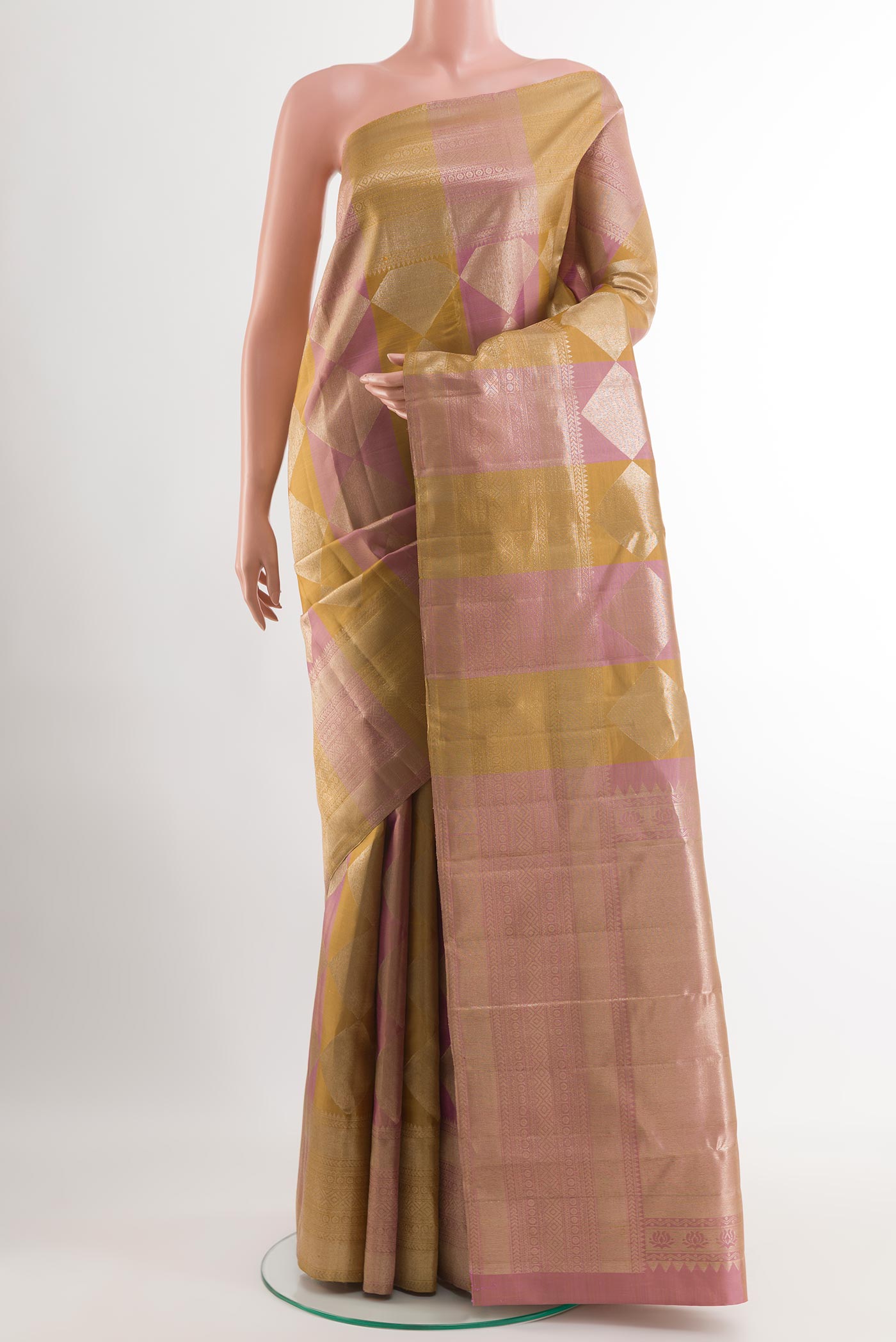 Mehandi Green Kanchipuram Silk Saree with Zari Brocade on the body and Zari Border.  displayed on a mannequin