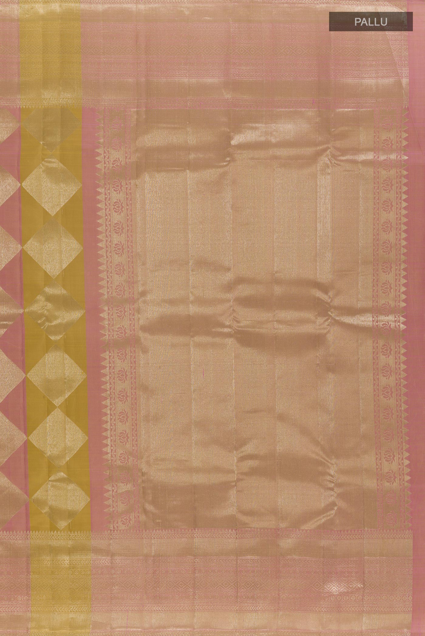 Close up image of the pallu of Mehandi Green Kanchipuram Silk Saree with Zari Brocade on the body and Zari Border. 