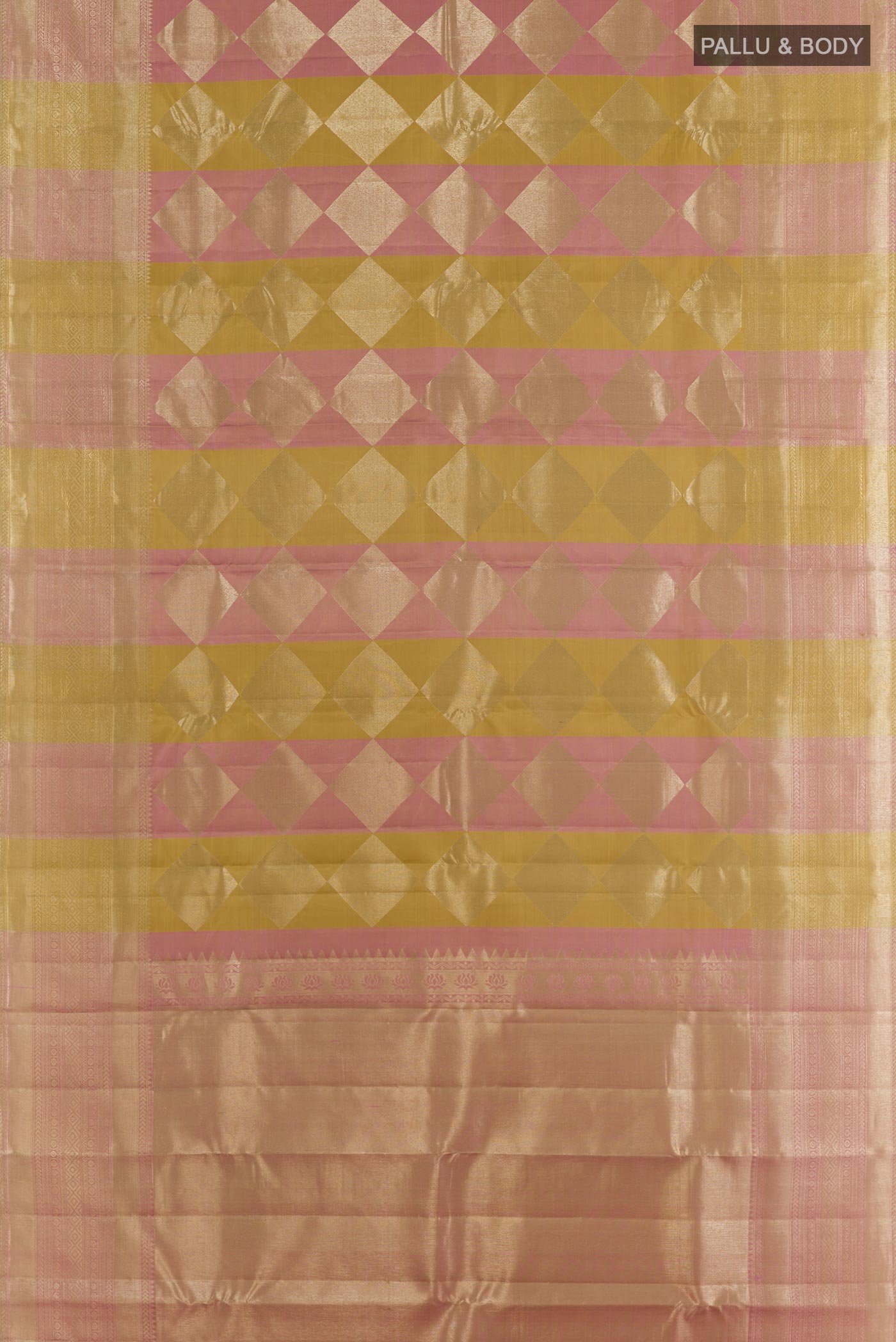 Flat view of Mehandi Green Kanchipuram Silk Saree with Zari Brocade on the body and Zari Border. 