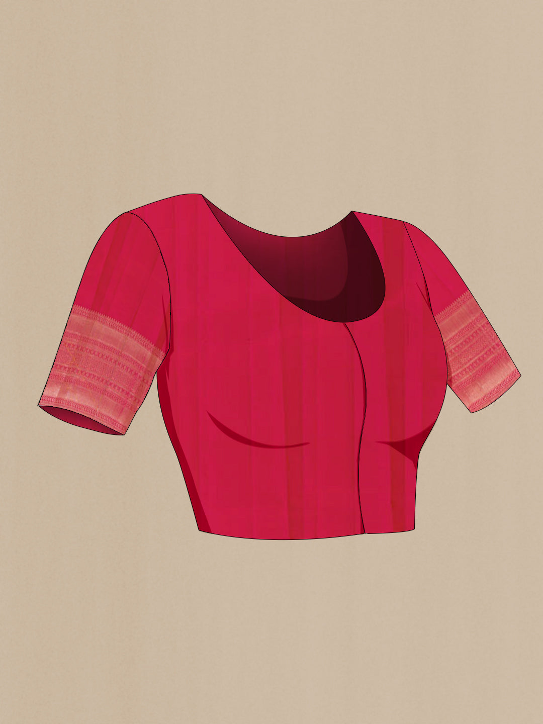 Close up image of the blouse of Rani Pink Kanchipuram Silk Saree with Zari Brocade on the body and Zari Border. 