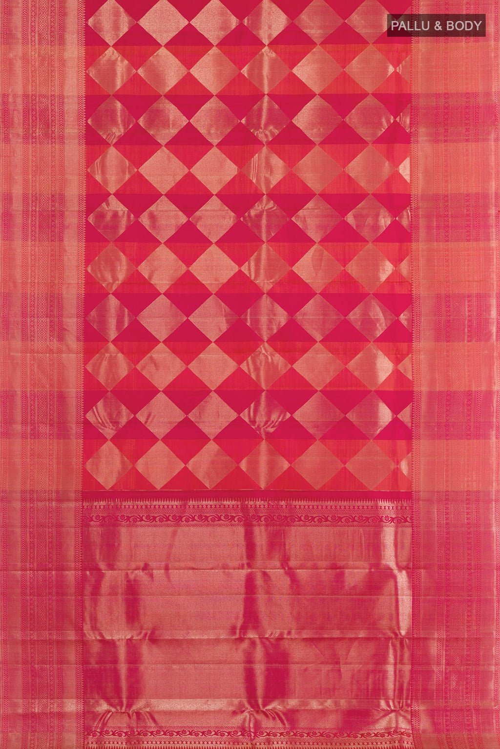 Flat view of Rani Pink Kanchipuram Silk Saree with Zari Brocade on the body and Zari Border. 