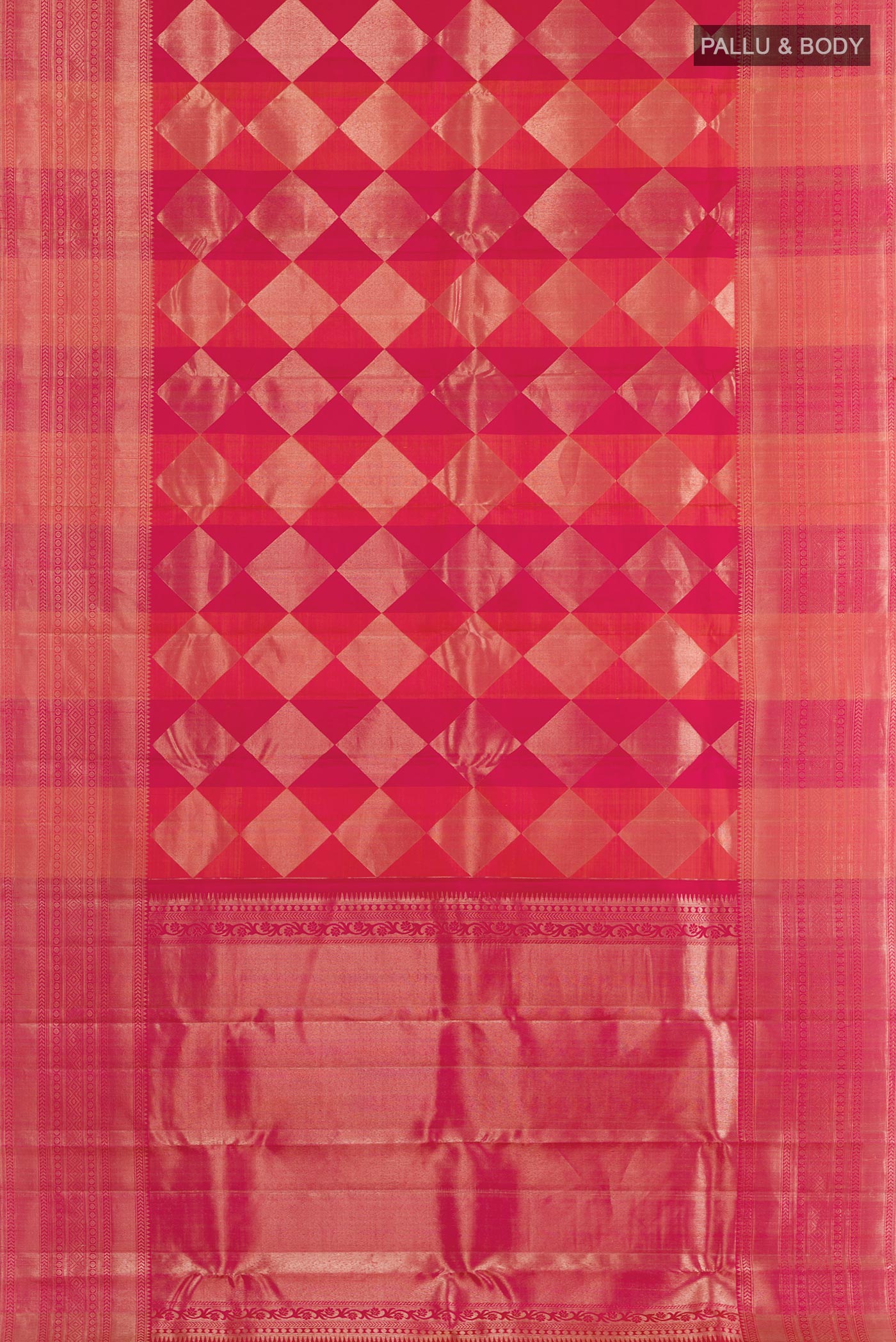 Flat view of Rani Pink Kanchipuram Silk Saree with Zari Brocade on the body and Zari Border. 