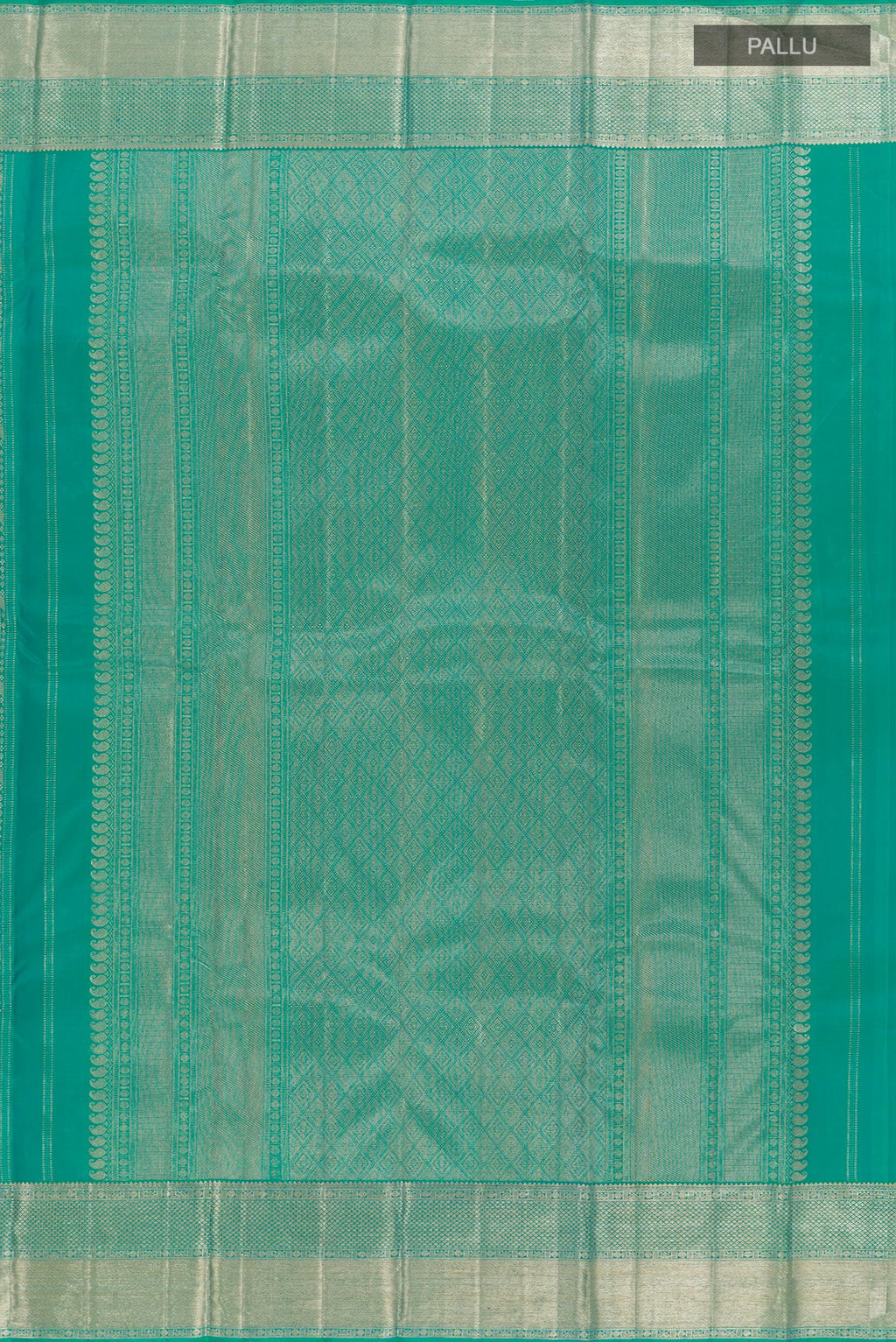 Close up image of the pallu of Green Kanjivaram Silk Saree with Zari Brocade on the body and Zari Border. 