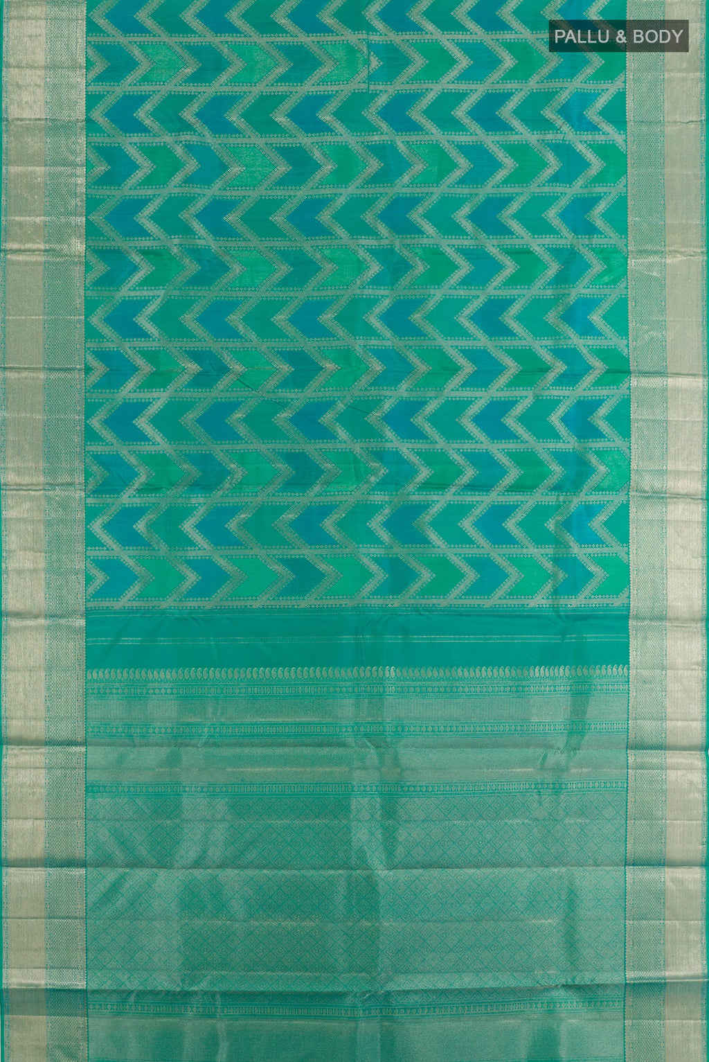 Flat view of Green Kanjivaram Silk Saree with Zari Brocade on the body and Zari Border. 