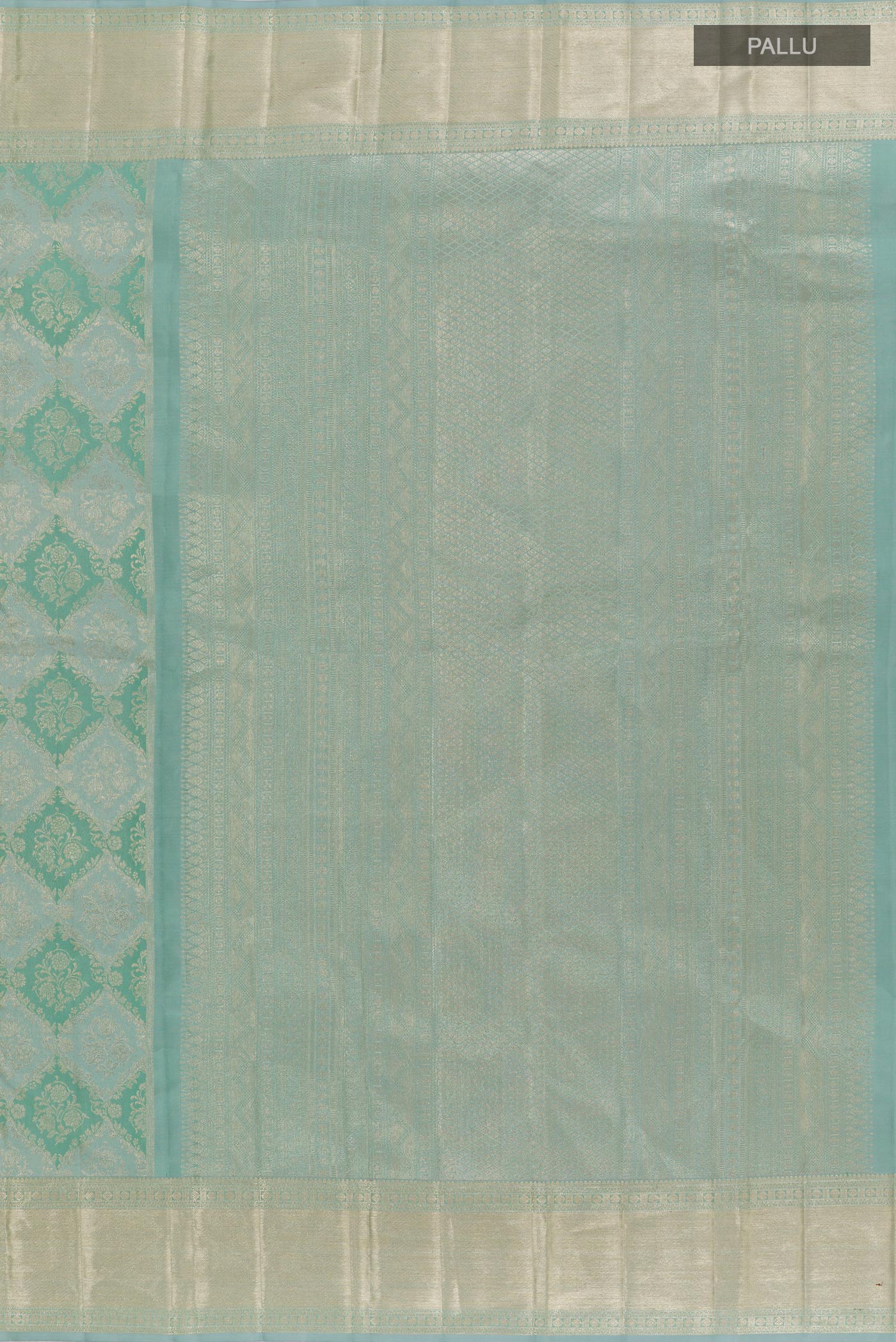 Close up image of the pallu of Blue Grey Kanjivaram Silk Saree with Zari Brocade on the body and Zari Border. 