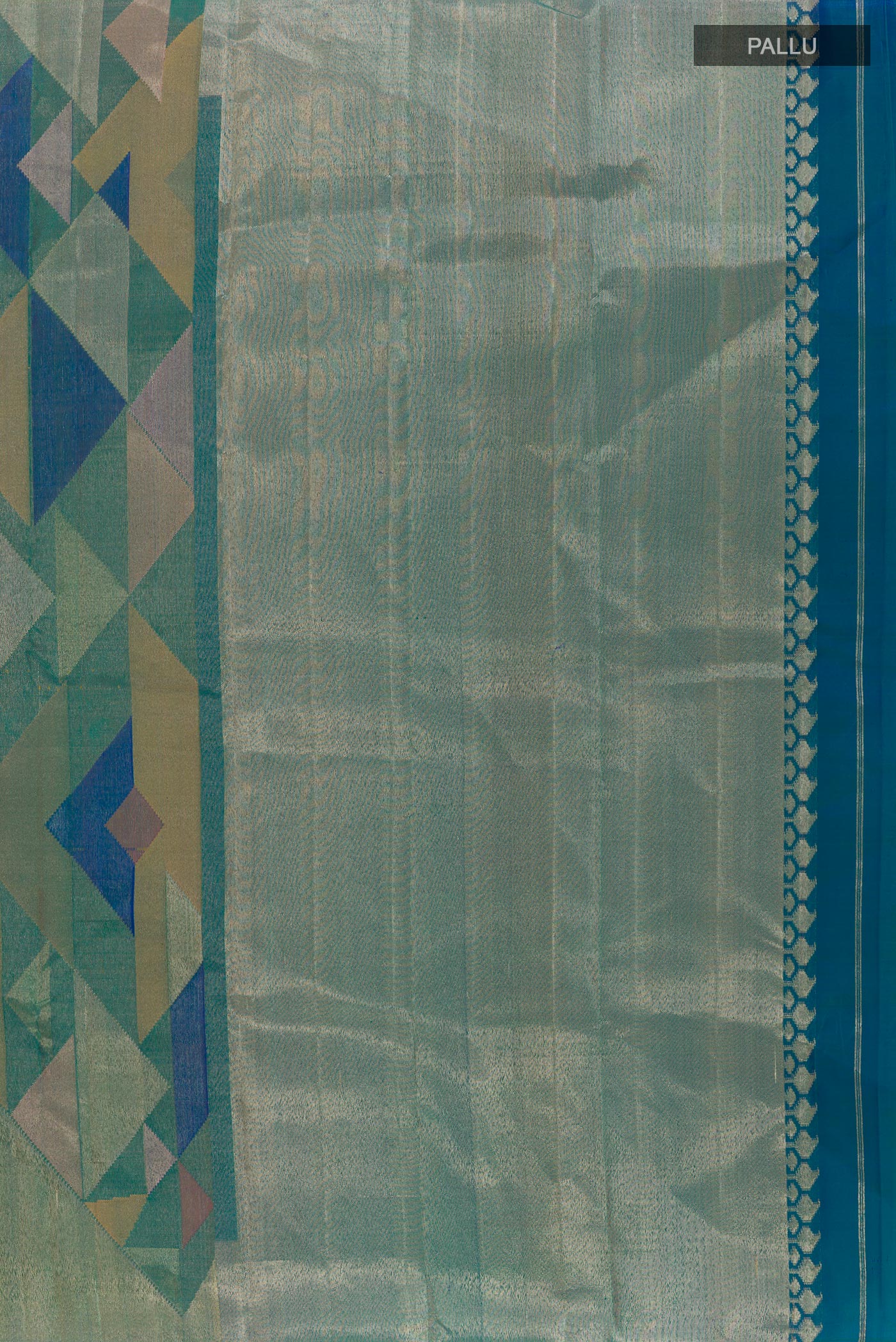 Close up image of the pallu of Green Kanjivaram Silk Saree with Zari Brocade on the body and Zari Border. 