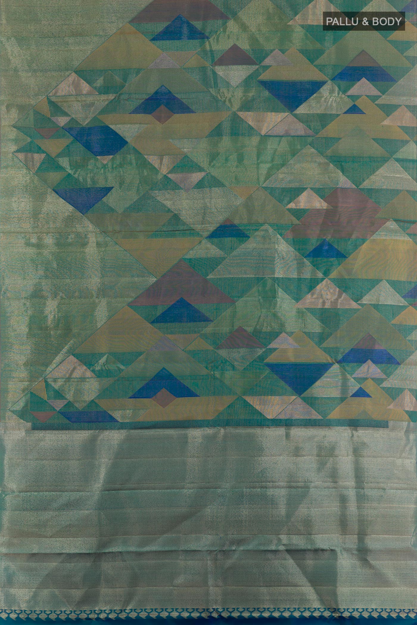Flat view of Green Kanjivaram Silk Saree with Zari Brocade on the body and Zari Border. 