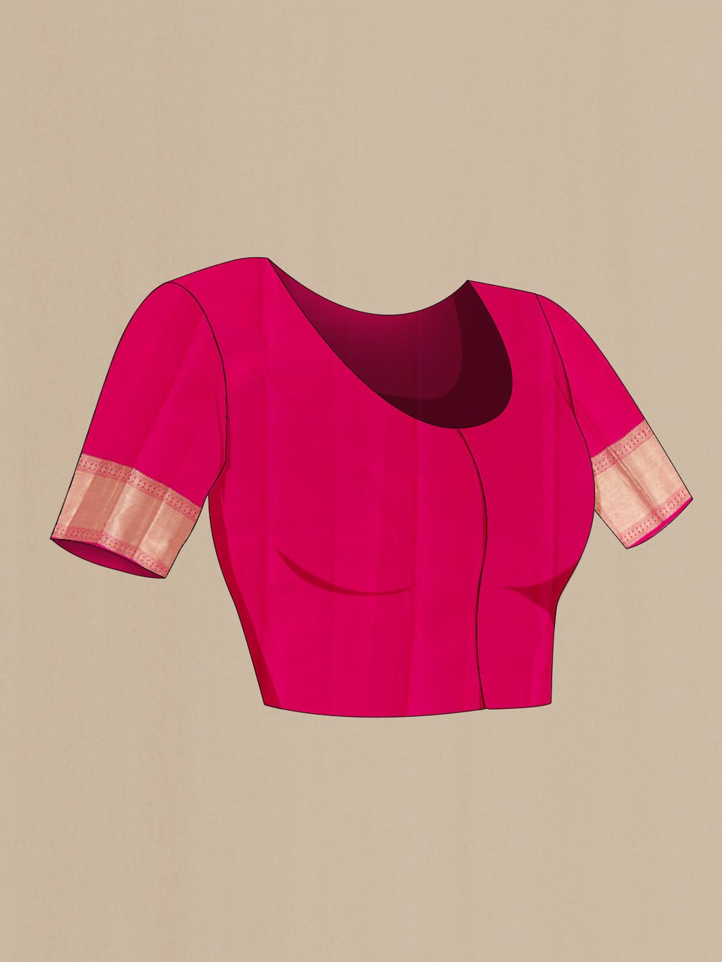 Close up image of the blouse of Dark Pink Kanjivaram Silk Saree with Zari Brocade on the body and Zari Border. 