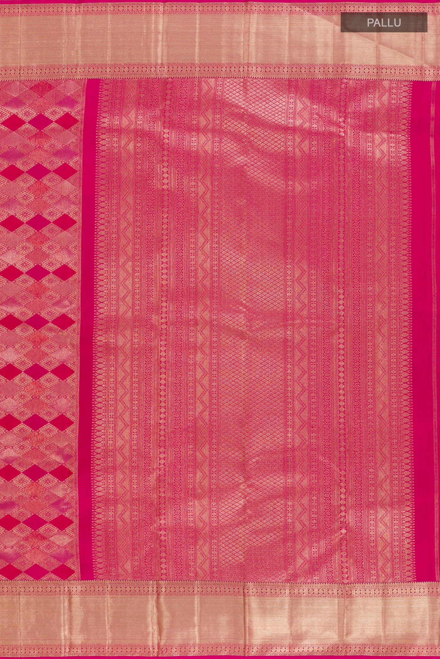 Close up image of the pallu of Dark Pink Kanjivaram Silk Saree with Zari Brocade on the body and Zari Border. 