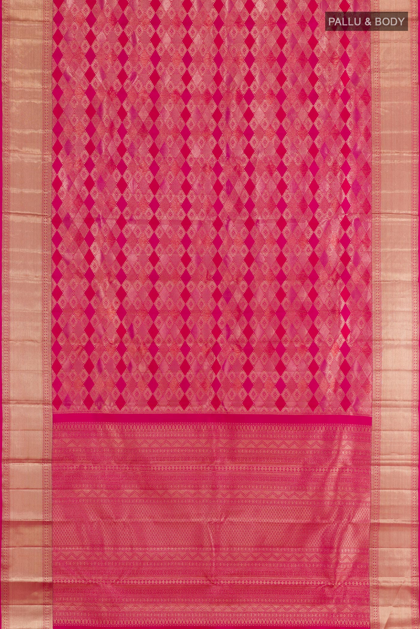 Flat view of Dark Pink Kanjivaram Silk Saree with Zari Brocade on the body and Zari Border. 