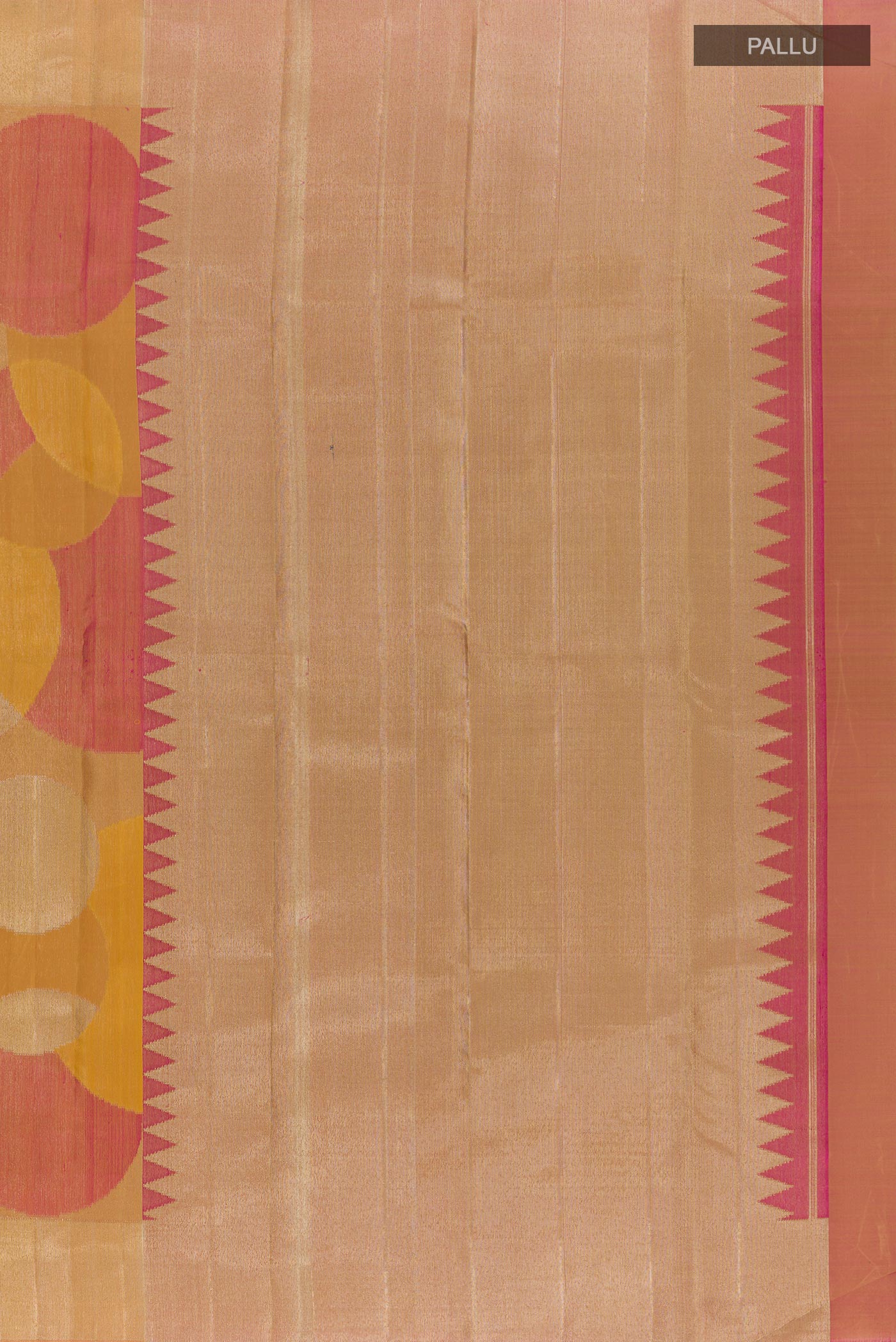 Close up image of the pallu of Golden Kanjivaram Silk Saree with Zari Brocade on the body and Zari Border. 