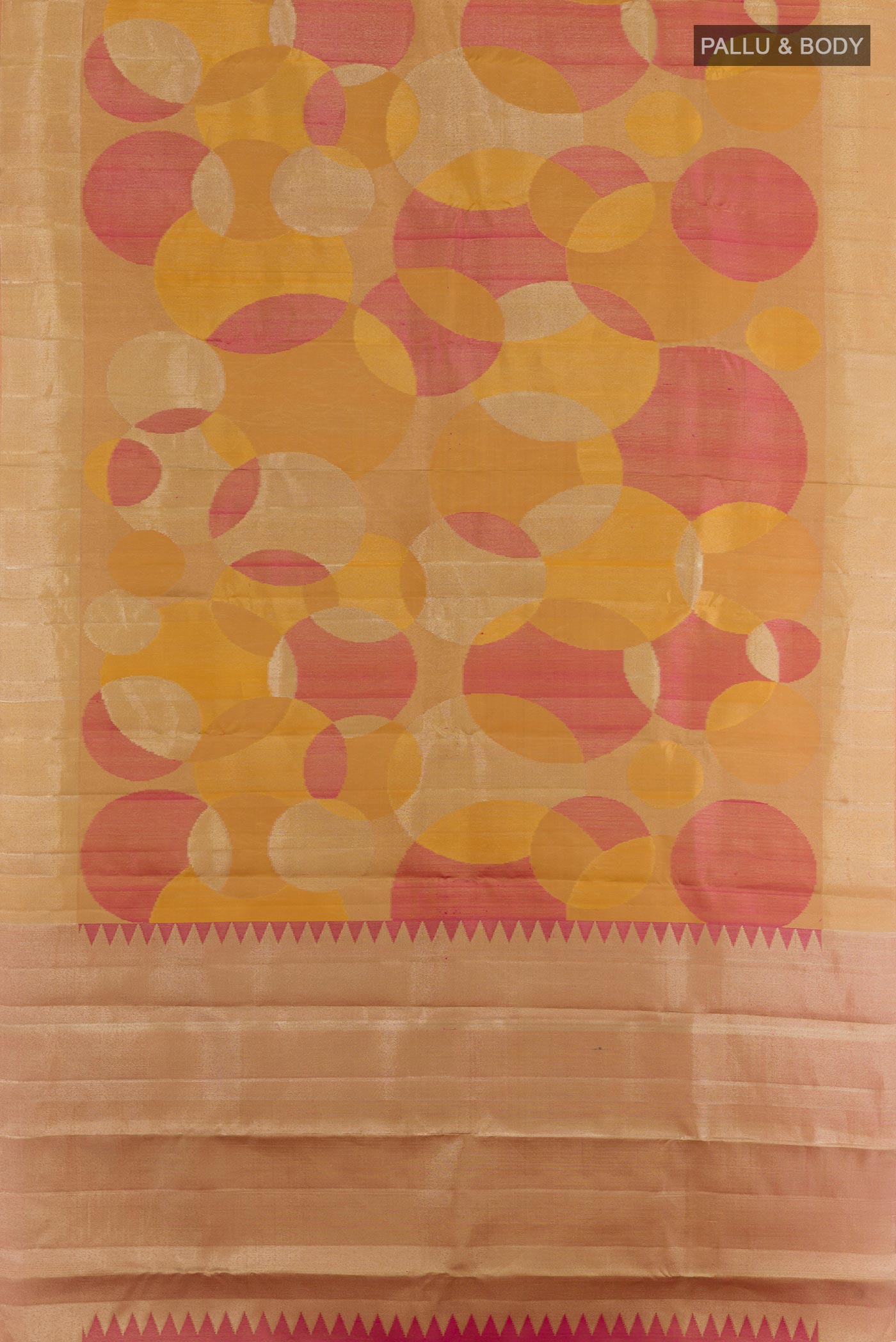 Flat view of Golden Kanjivaram Silk Saree with Zari Brocade on the body and Zari Border. 