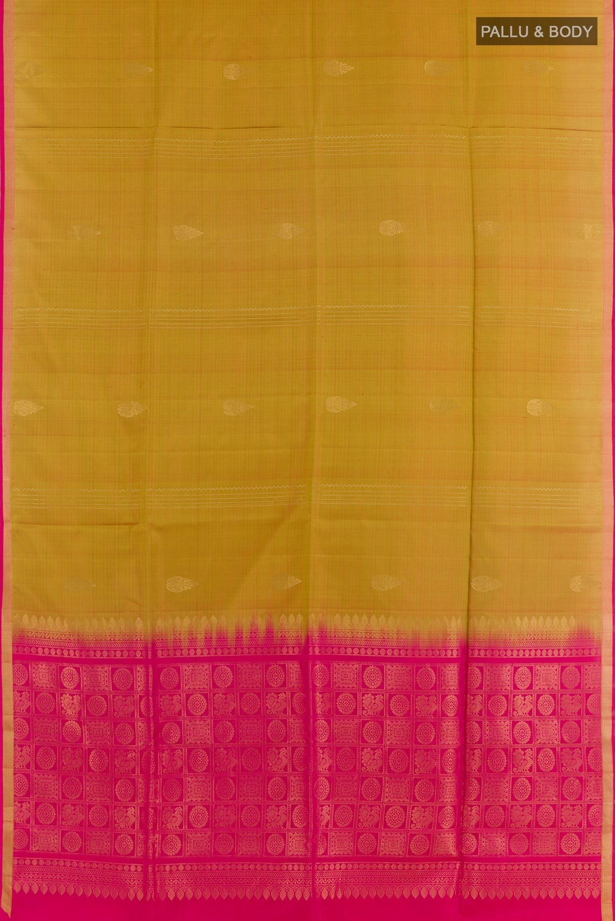 Flat view of Mustard Soft Silk Saree with Zari Butta on the body and Zari Border. 
