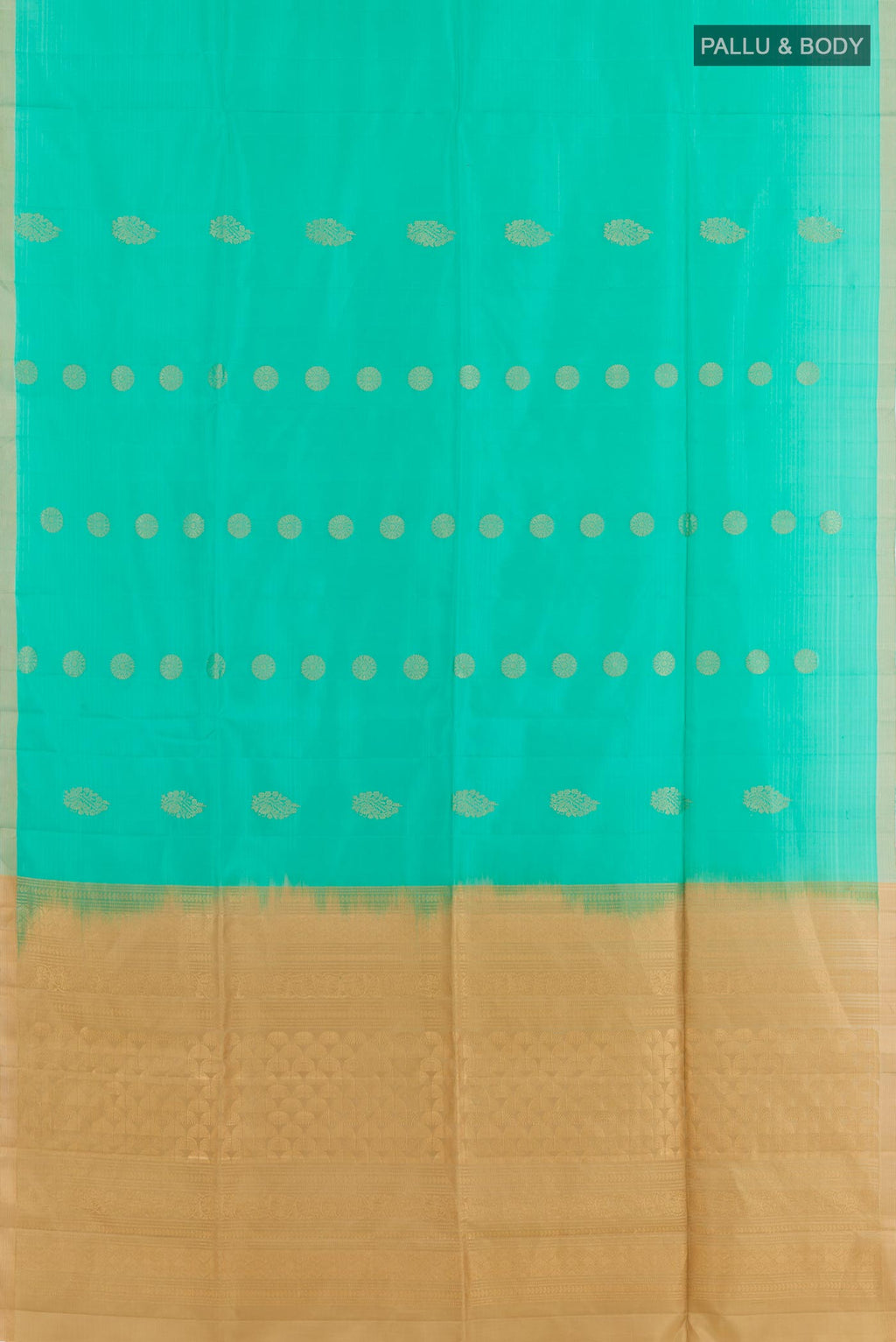 Flat view of Turquoise Soft Silk Saree with Zari Butta on the body and Zari Border. 