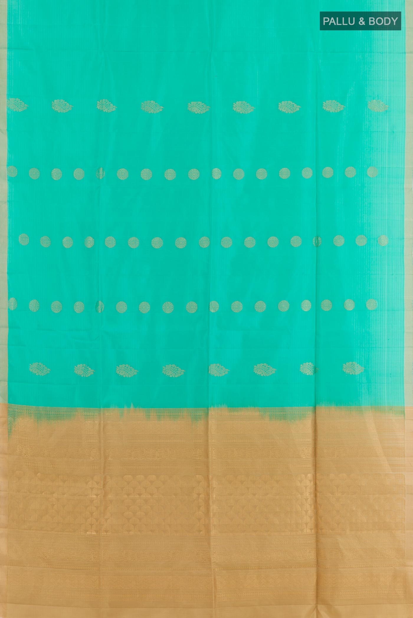 Flat view of Turquoise Soft Silk Saree with Zari Butta on the body and Zari Border. 