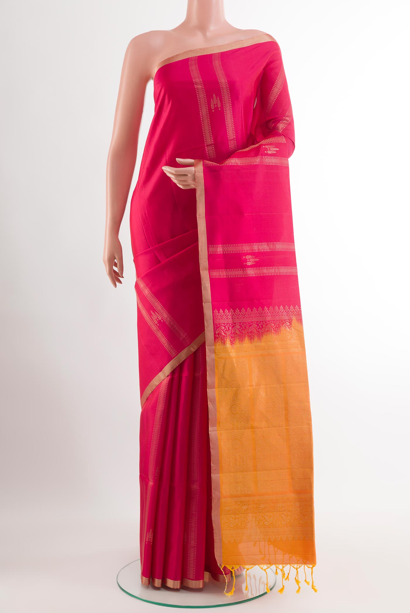 Pink Dual Tone Soft Silk Saree with Zari Butta on the body and Zari Border.  displayed on a mannequin