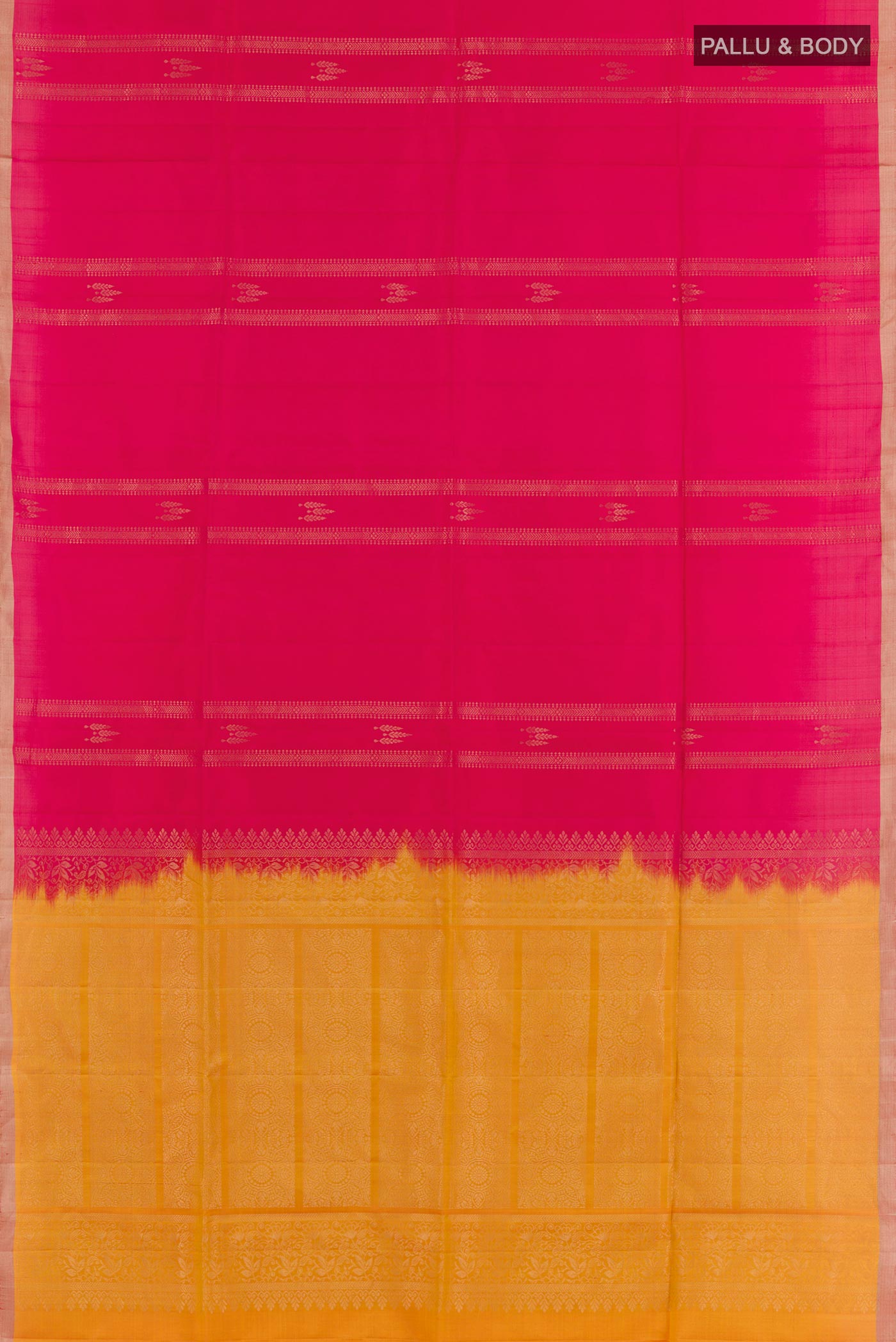 Flat view of Pink Dual Tone Soft Silk Saree with Zari Butta on the body and Zari Border. 