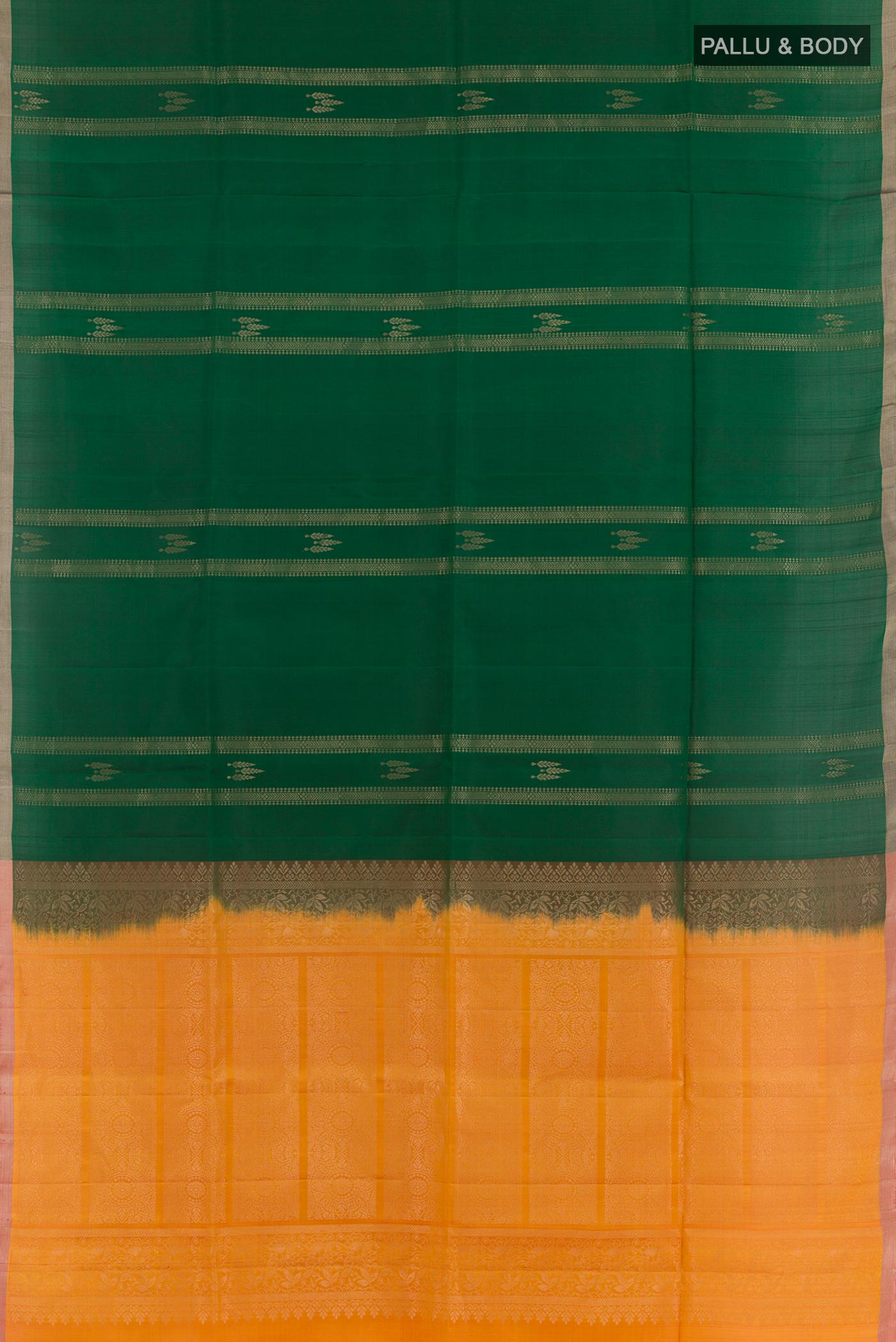 Flat view of Bottle Green Soft Silk Saree with Zari Butta on the body and Zari Border. 