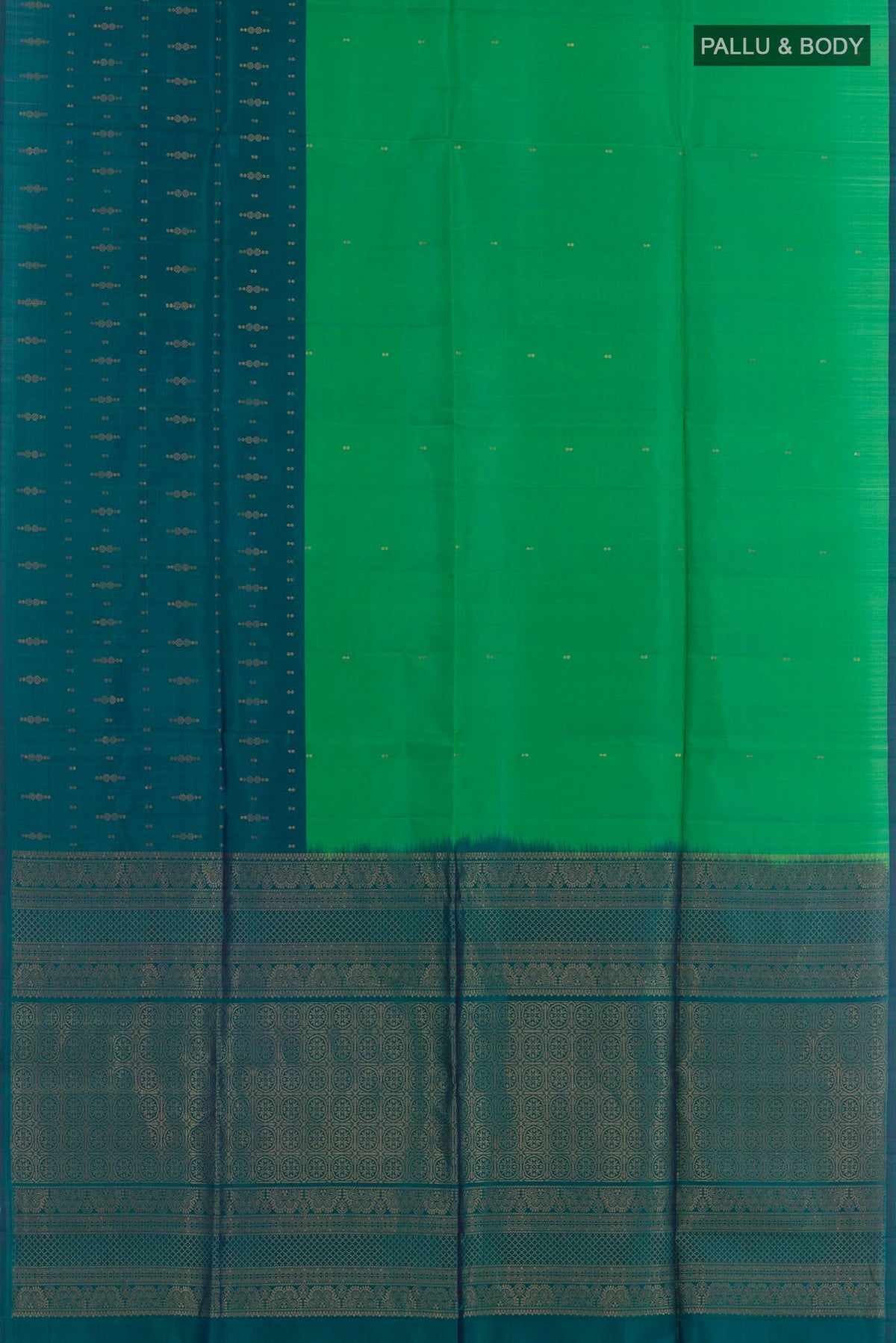 Flat view of Green Soft Silk Saree with Zari Butta on the body and Zari Border. 