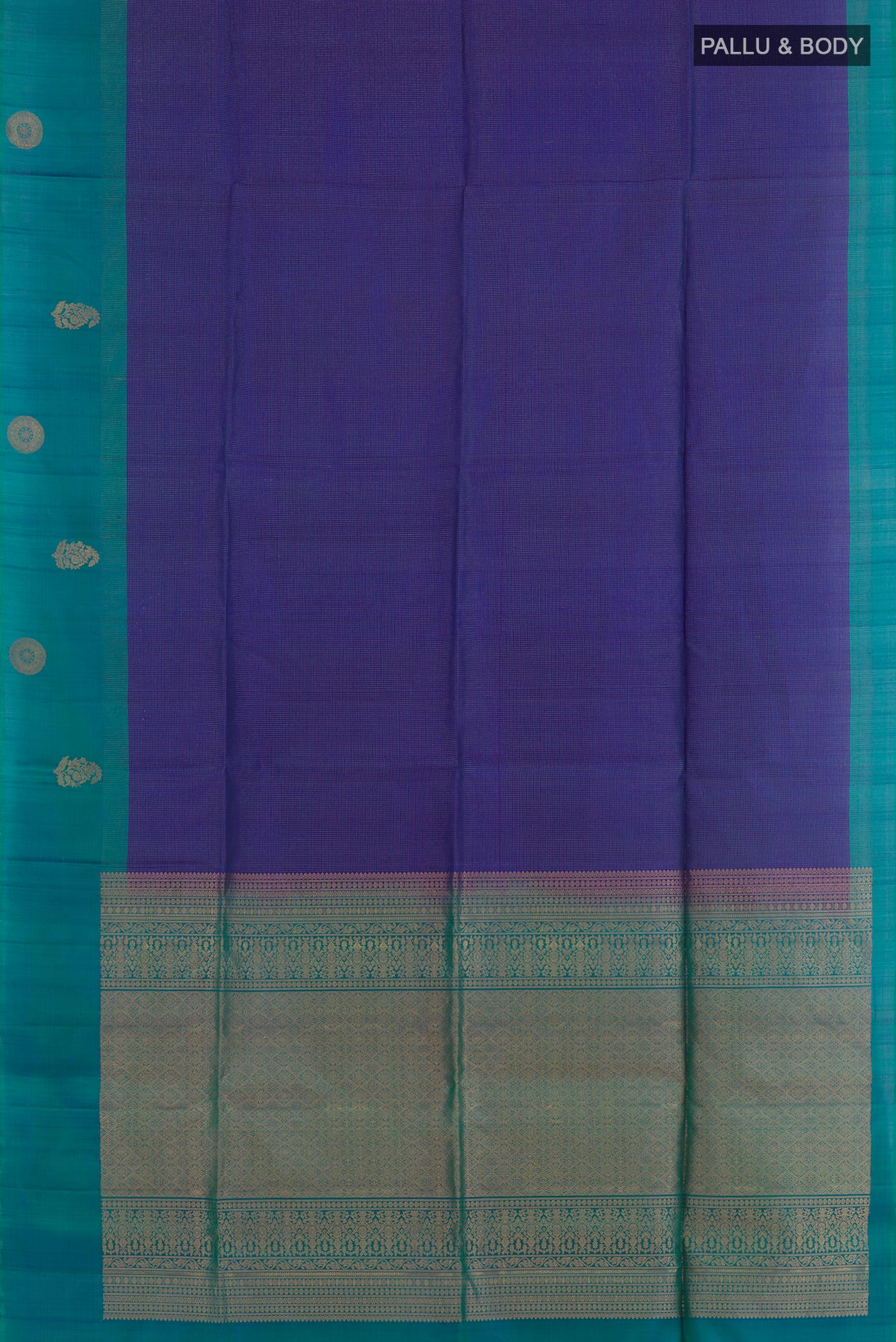 Flat view of Dark Blue Soft Silk Saree with Checked design on the body and Zari Border. 