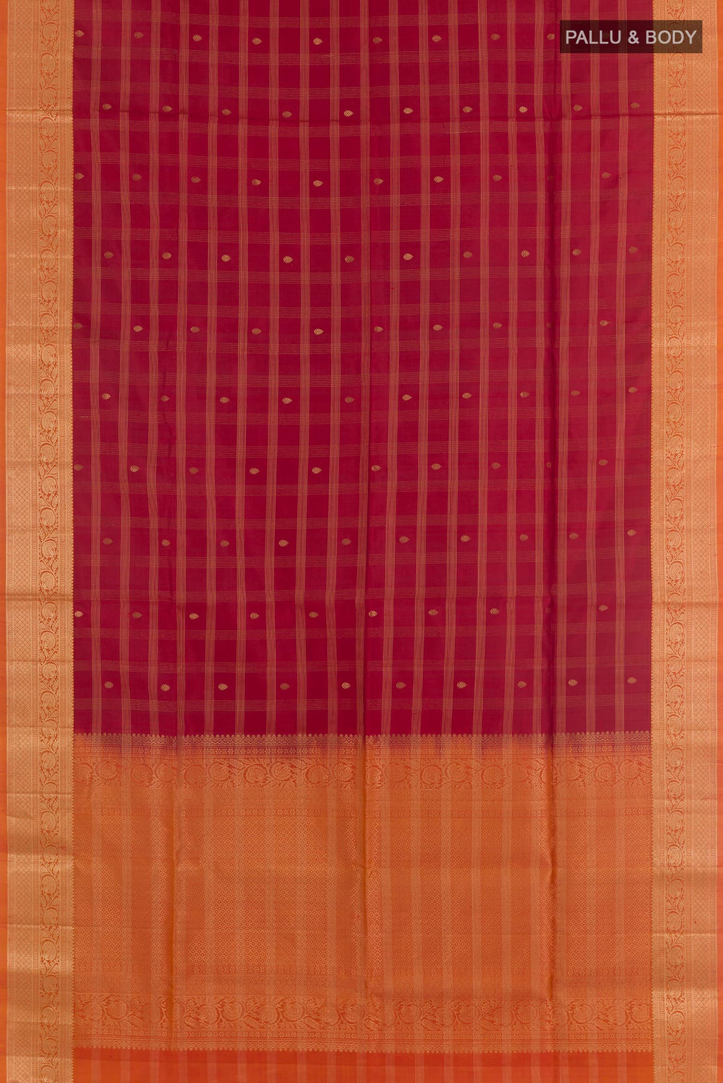 Flat view of Maroon Soft Silk Saree with Checked design on the body and Zari Border. 