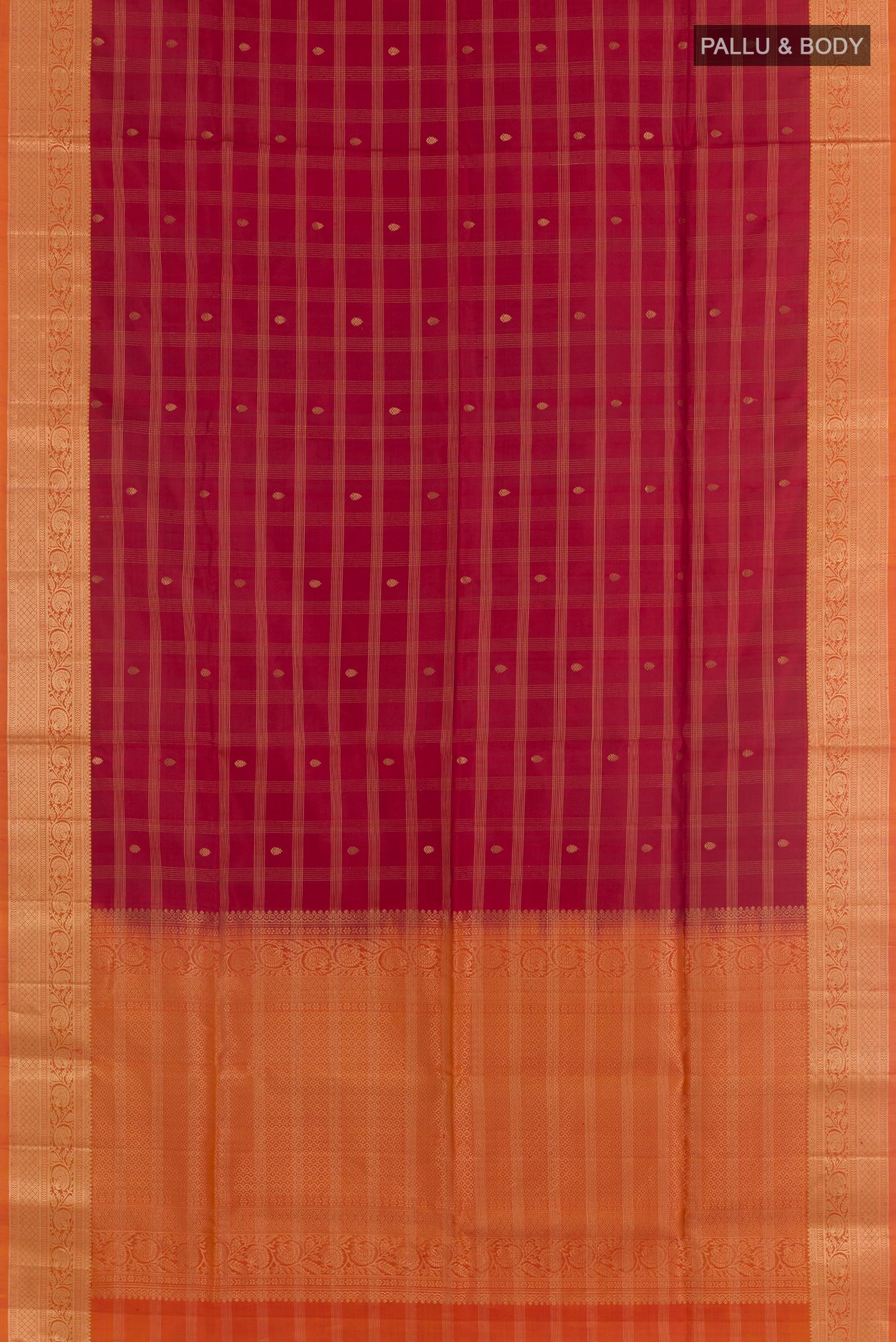 Flat view of Maroon Soft Silk Saree with Checked design on the body and Zari Border. 