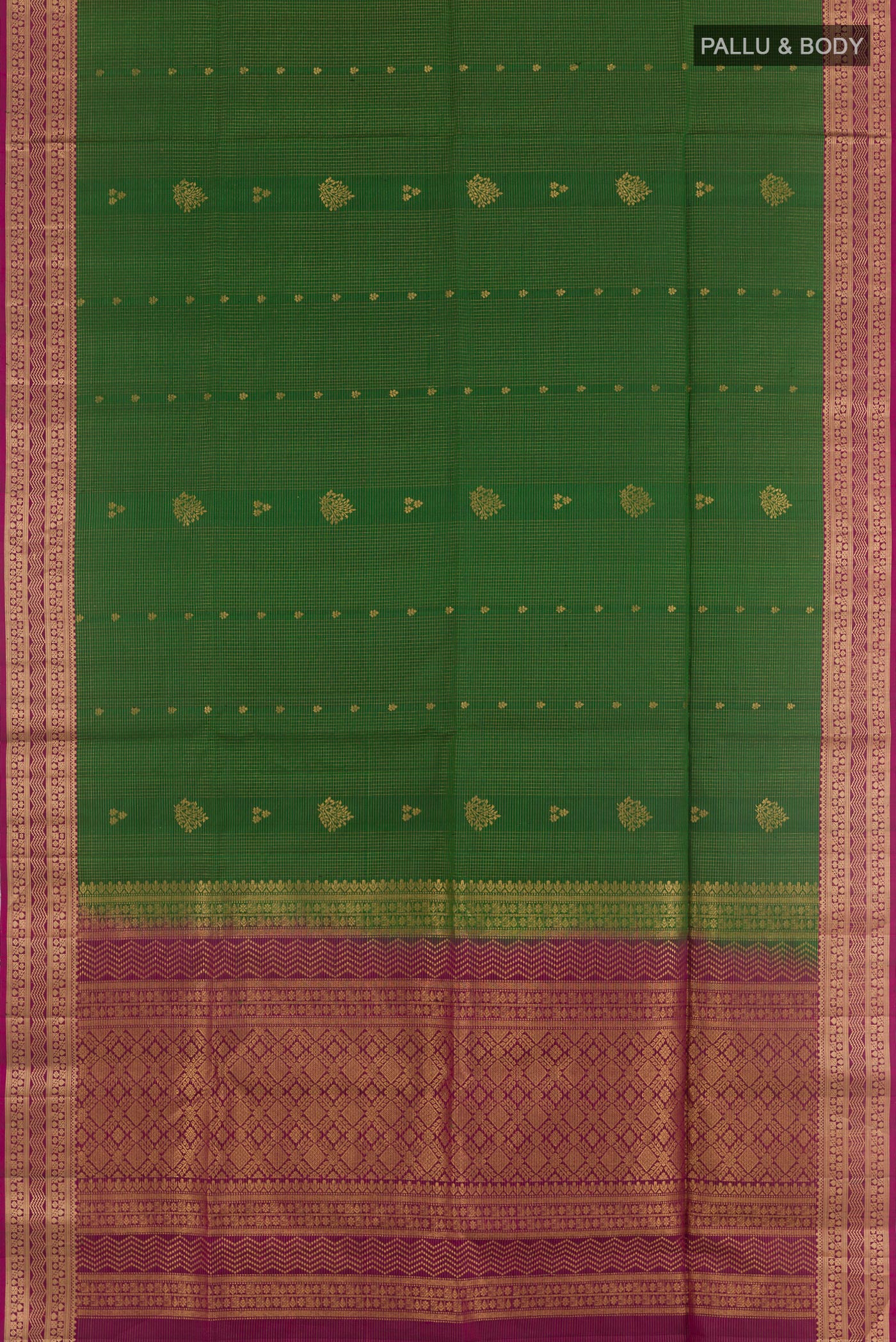 Flat view of Green Soft Silk Saree with Checked design on the body and Zari Border. 