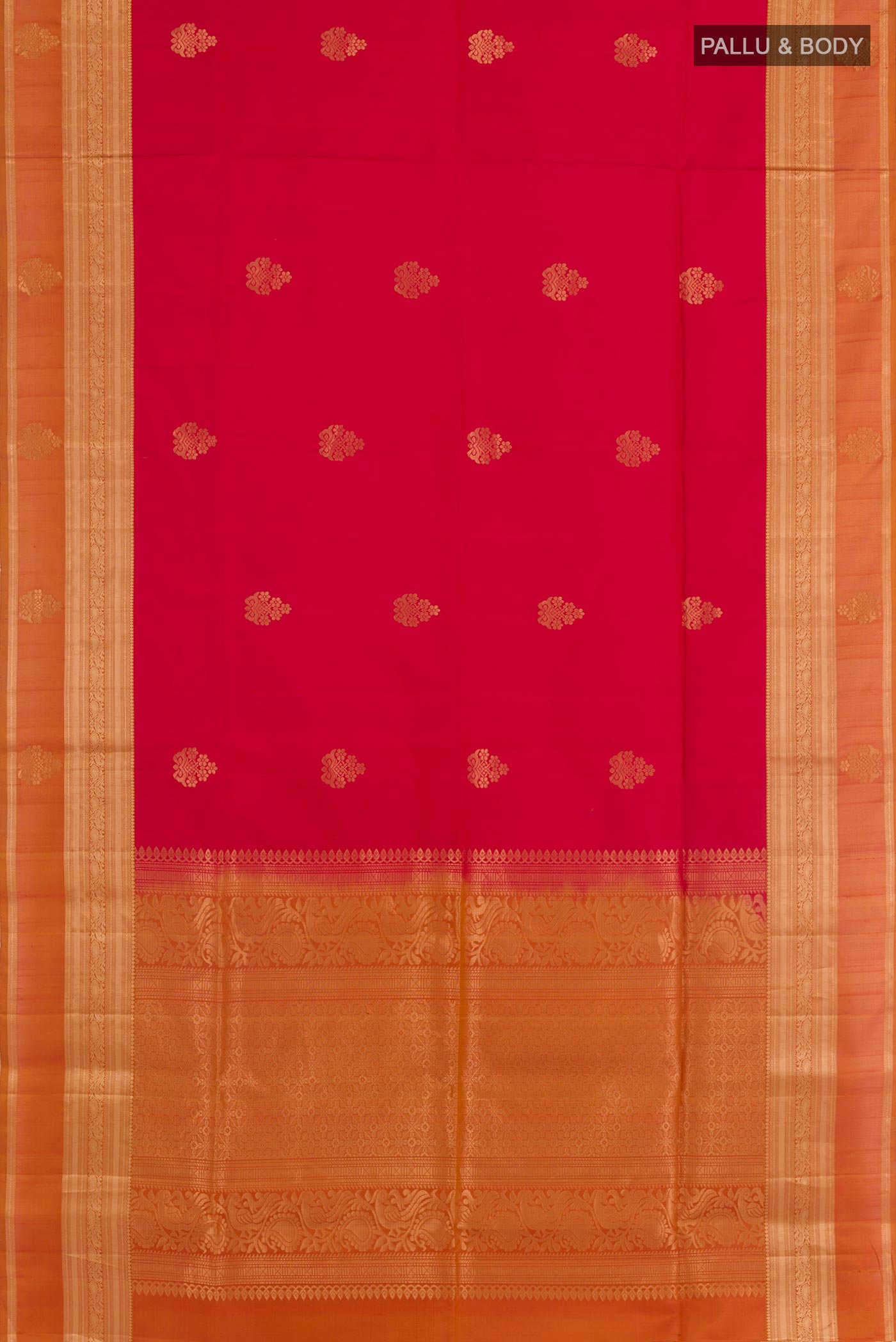 Flat view of Red Soft Silk Saree with Zari Butta on the body and Zari Border. 