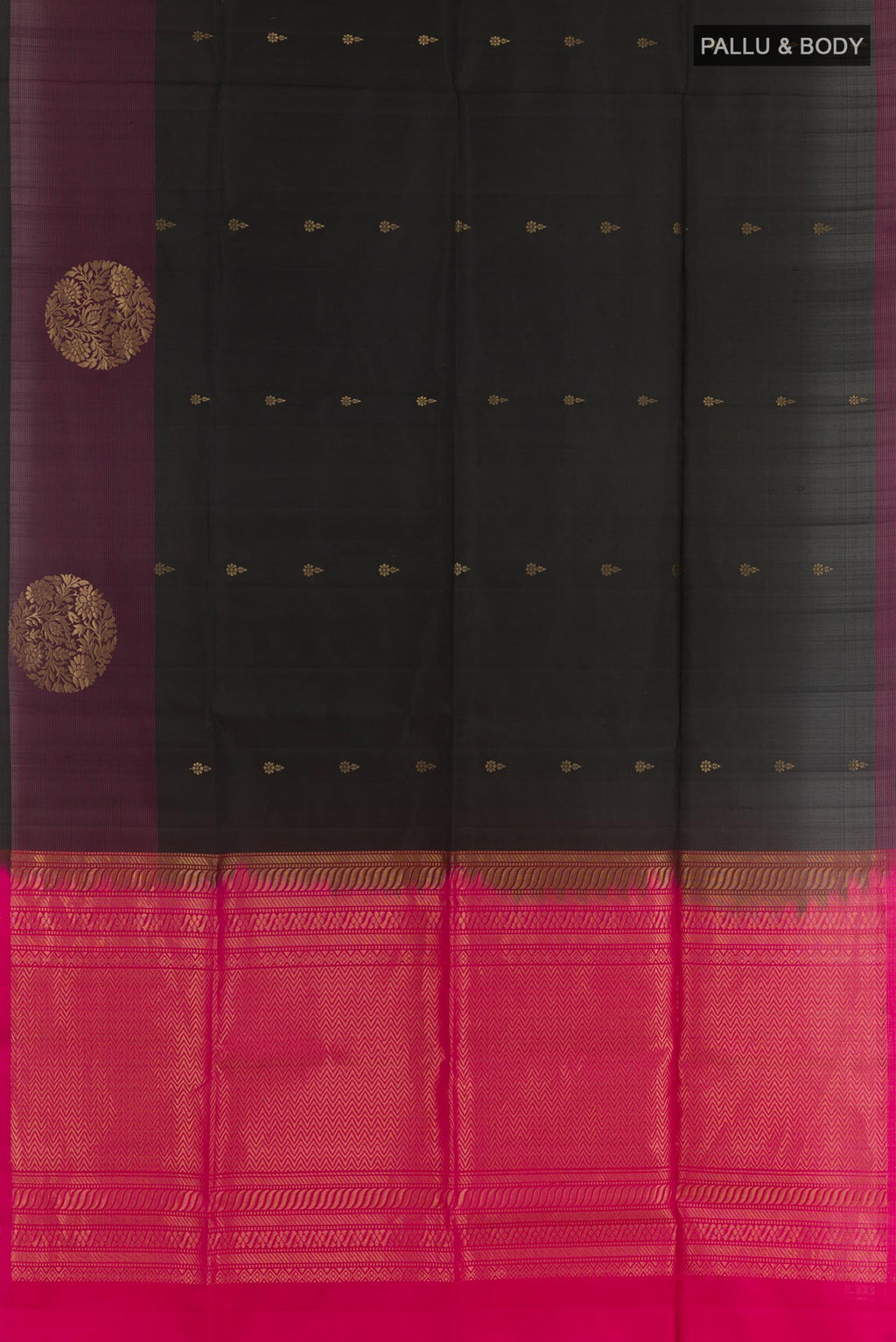 Flat view of Black Soft Silk Saree with Zari Butta on the body and Zari Border. 