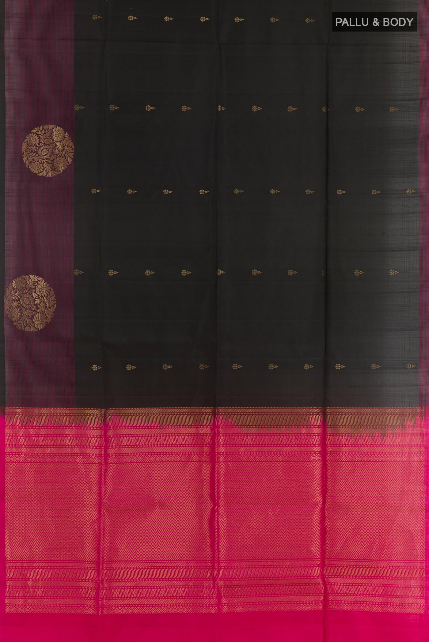 Flat view of Black Soft Silk Saree with Zari Butta on the body and Zari Border. 