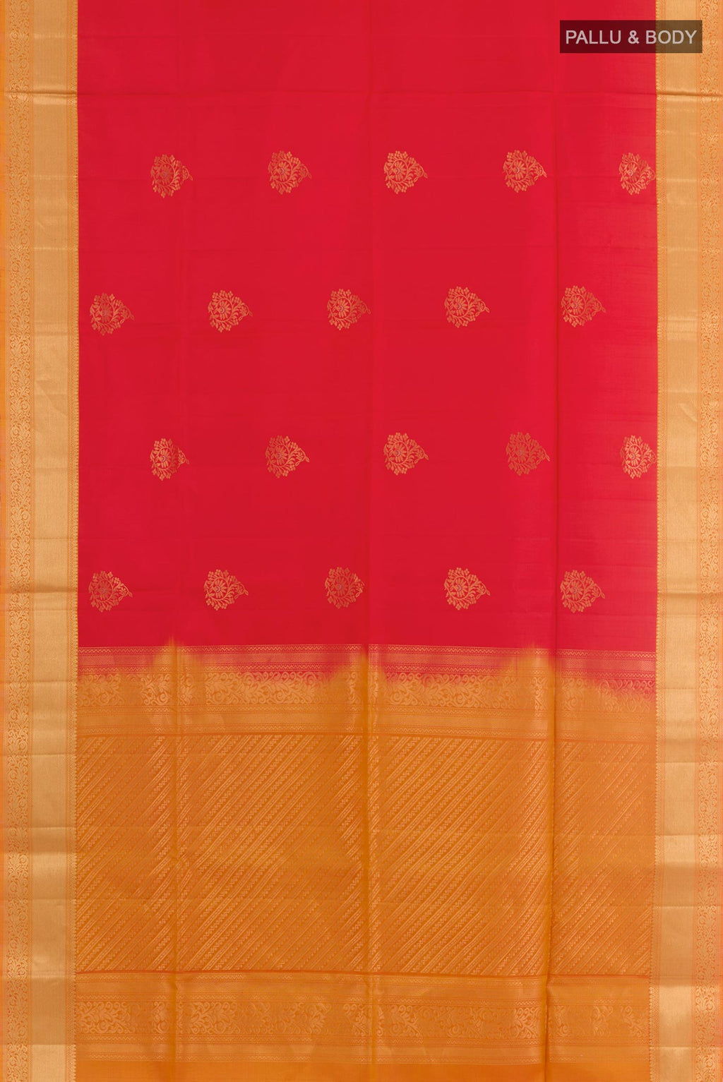 Flat view of Red Soft Silk Saree with Zari Butta on the body and Zari Border. 