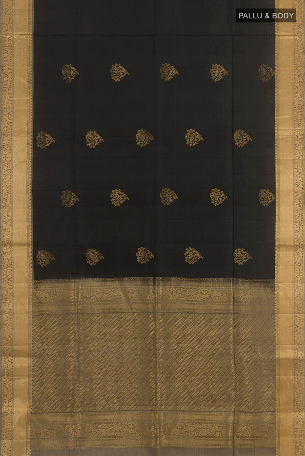 Flat view of Black Soft Silk Saree with Zari Butta on the body and Zari Border. 