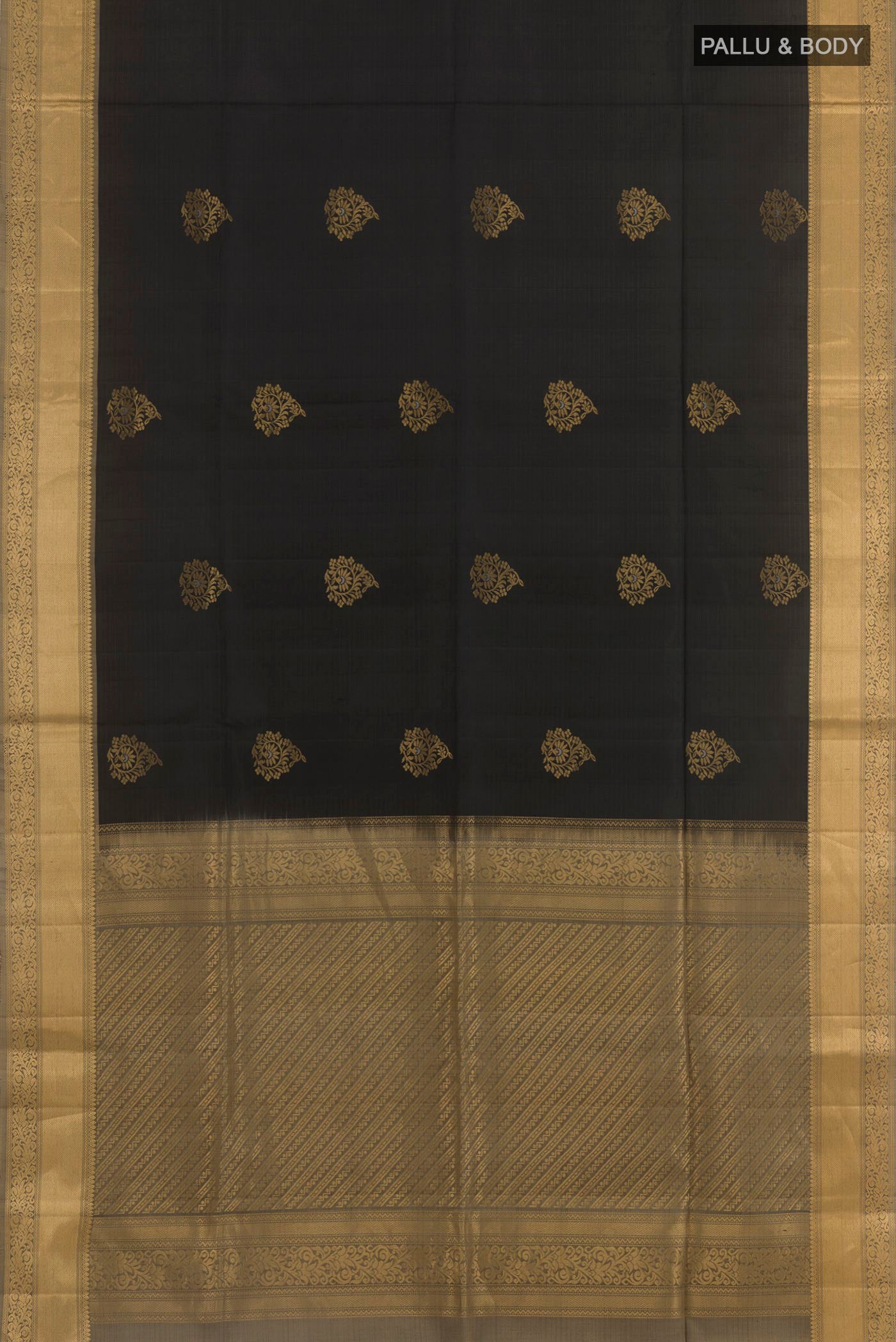 Flat view of Black Soft Silk Saree with Zari Butta on the body and Zari Border. 