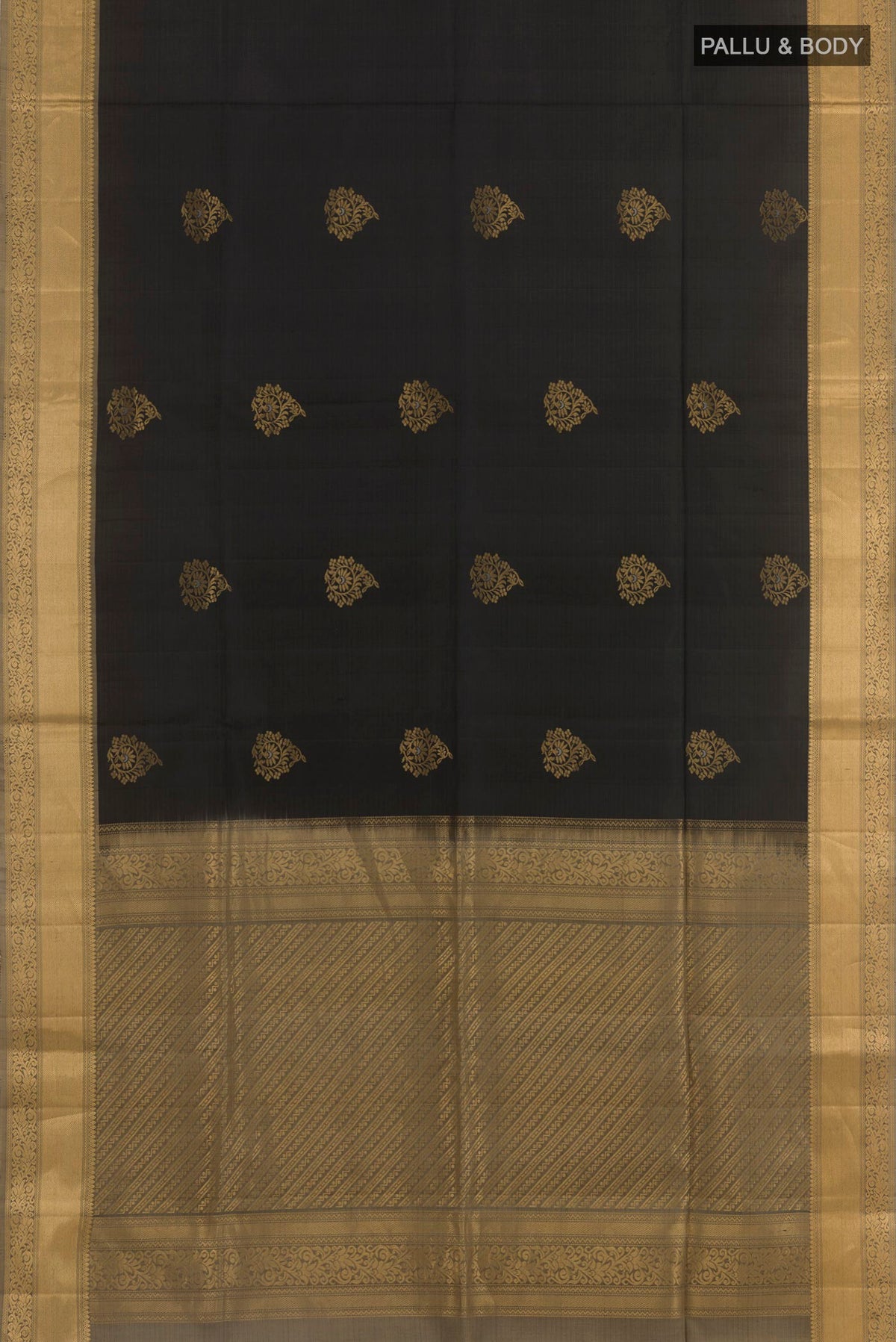 Flat view of Black Soft Silk Saree with Zari Butta on the body and Zari Border. 