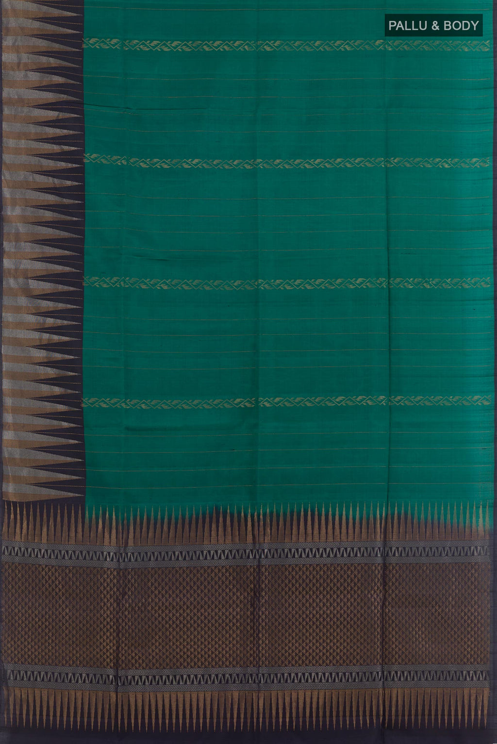 Flat view of Bottle Green Soft Silk Saree with Zari Butta on the body and Zari Border. 