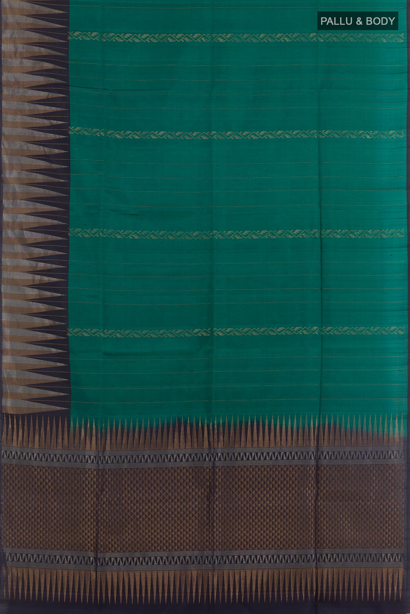 Flat view of Bottle Green Soft Silk Saree with Zari Butta on the body and Zari Border. 