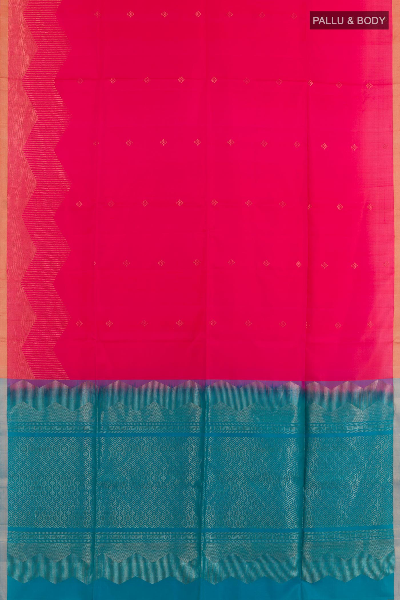 Flat view of Pink Soft Silk Saree with Zari Butta on the body and Zari Border. 
