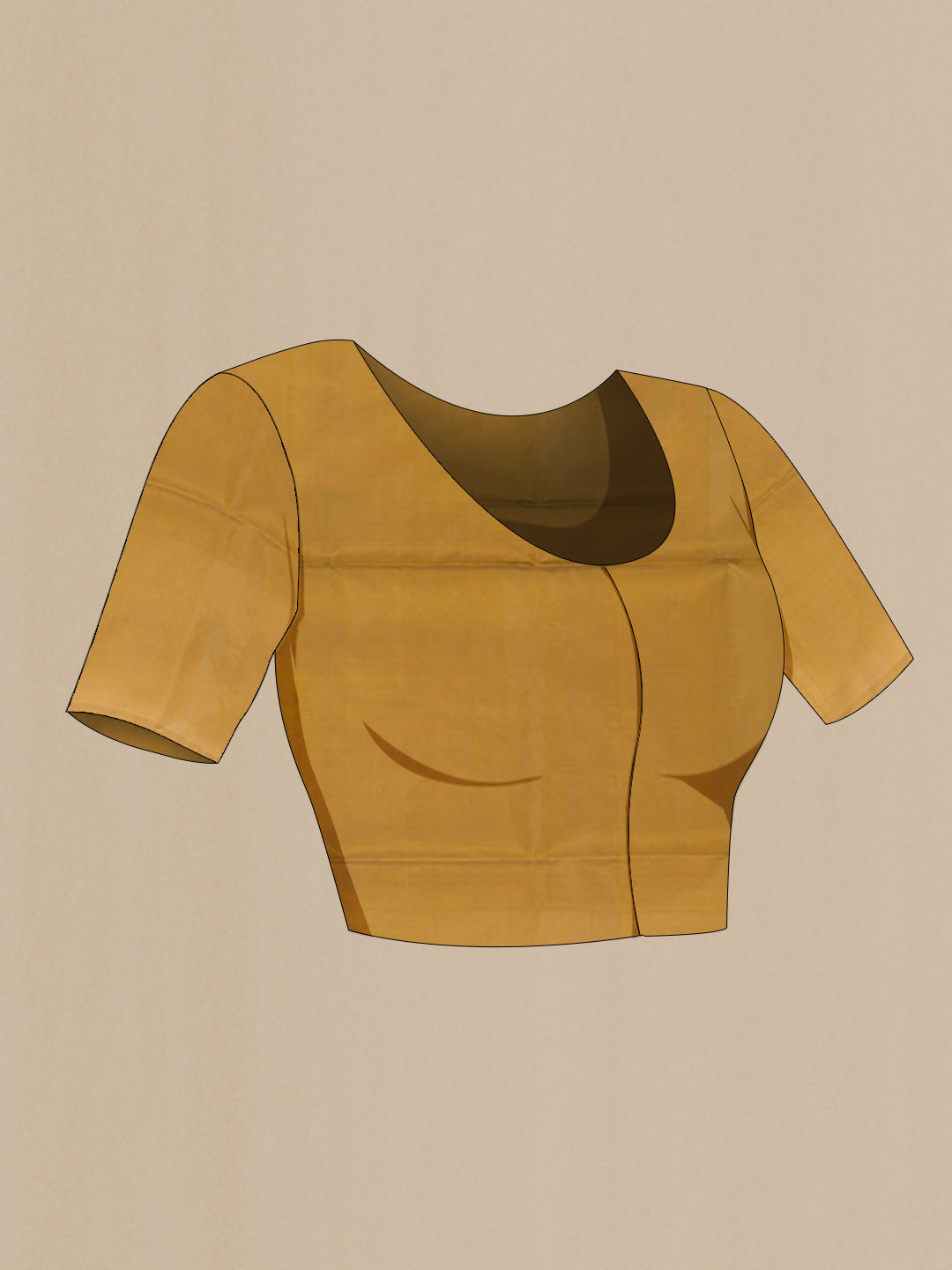 Close up image of the blouse of Mustard Soft Silk Saree with Stripes on the body and Zari Border. 