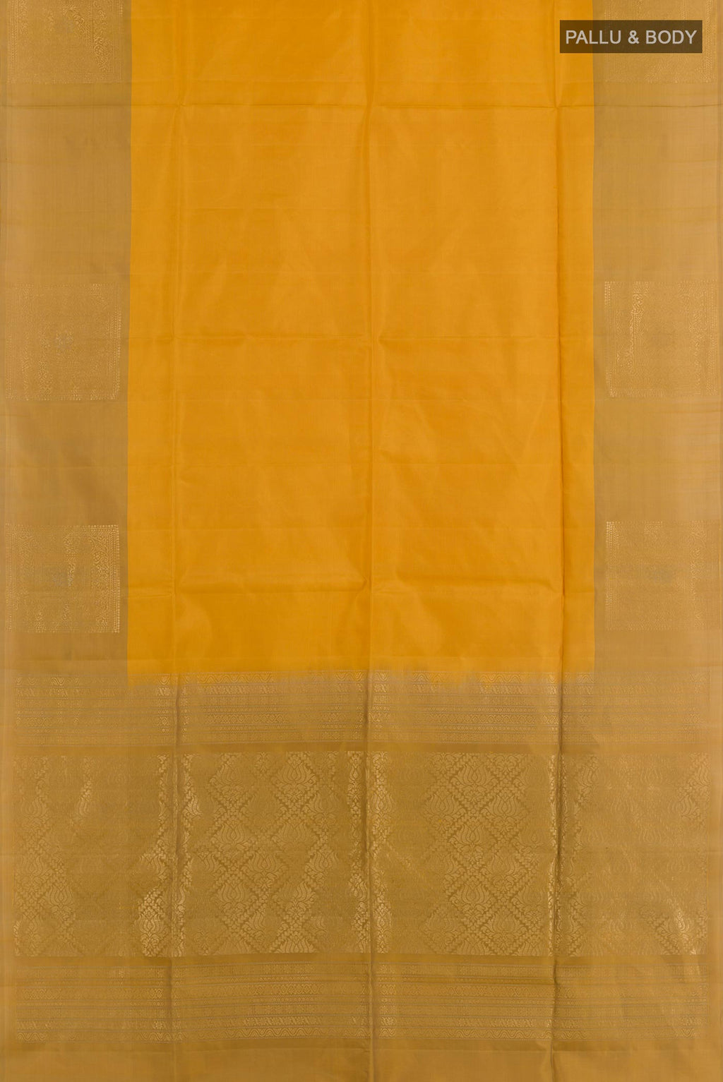 Flat view of Mustard Soft Silk Saree with Stripes on the body and Zari Border. 