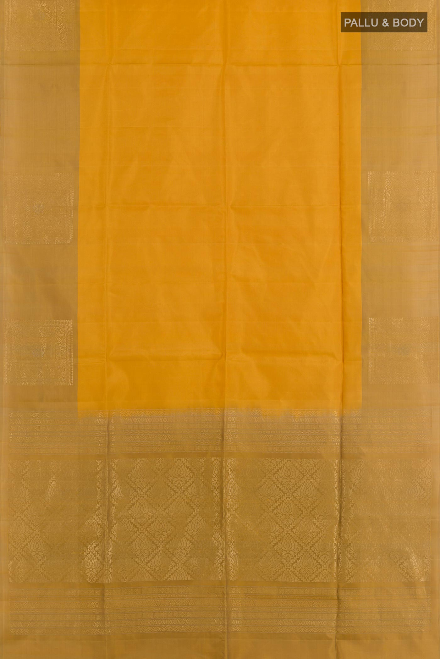 Flat view of Mustard Soft Silk Saree with Stripes on the body and Zari Border. 
