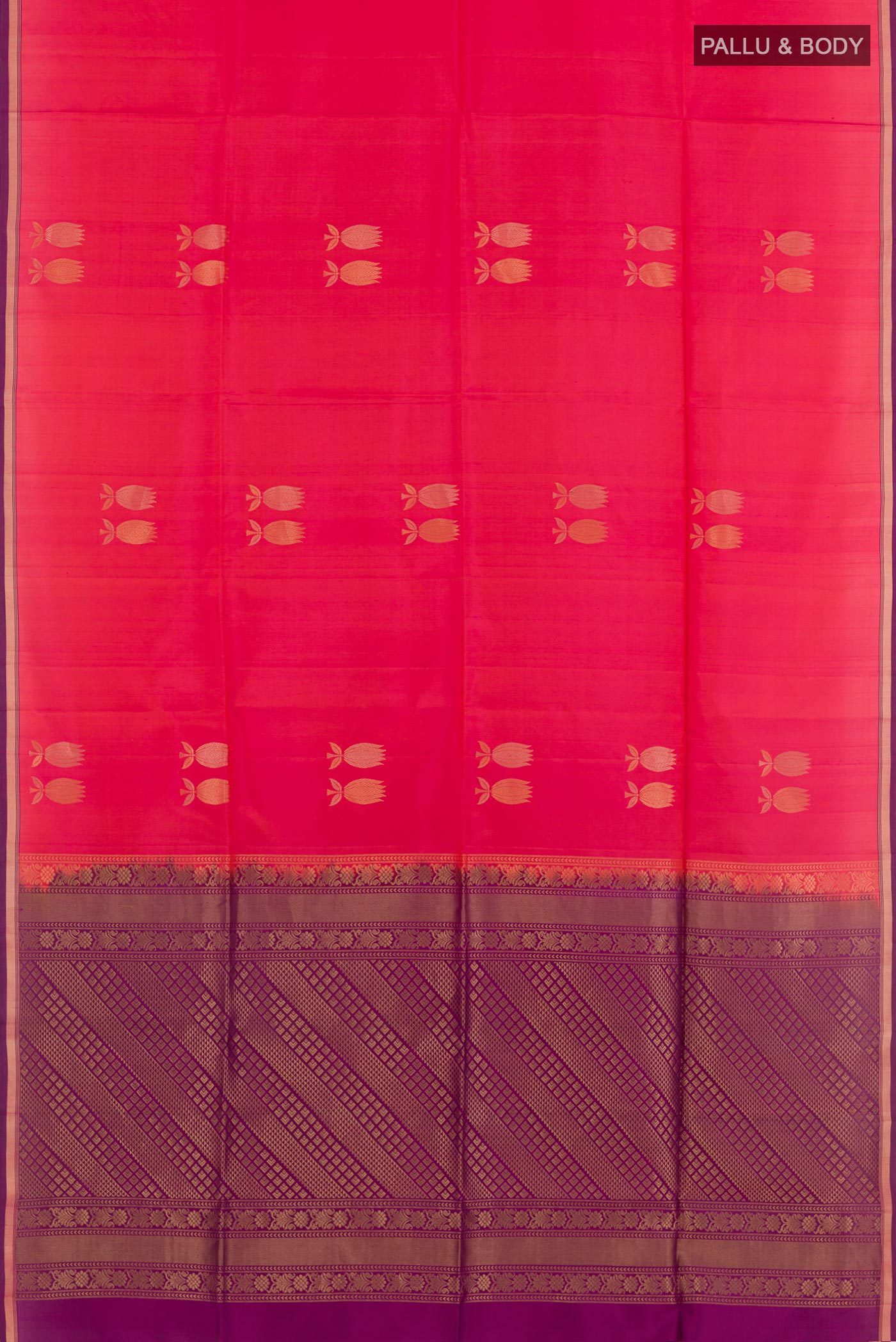 Flat view of Pink Soft Silk Saree with Zari Butta on the body and Zari Border. 