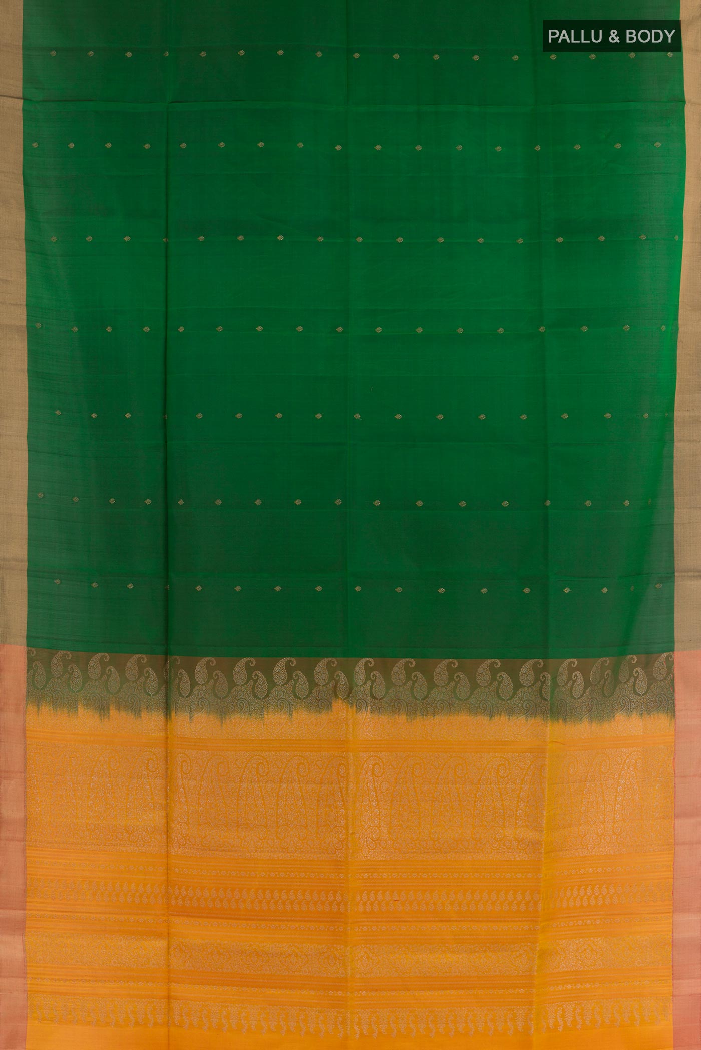 Flat view of Green Soft Silk Saree with Zari Butta on the body and Zari Border. 