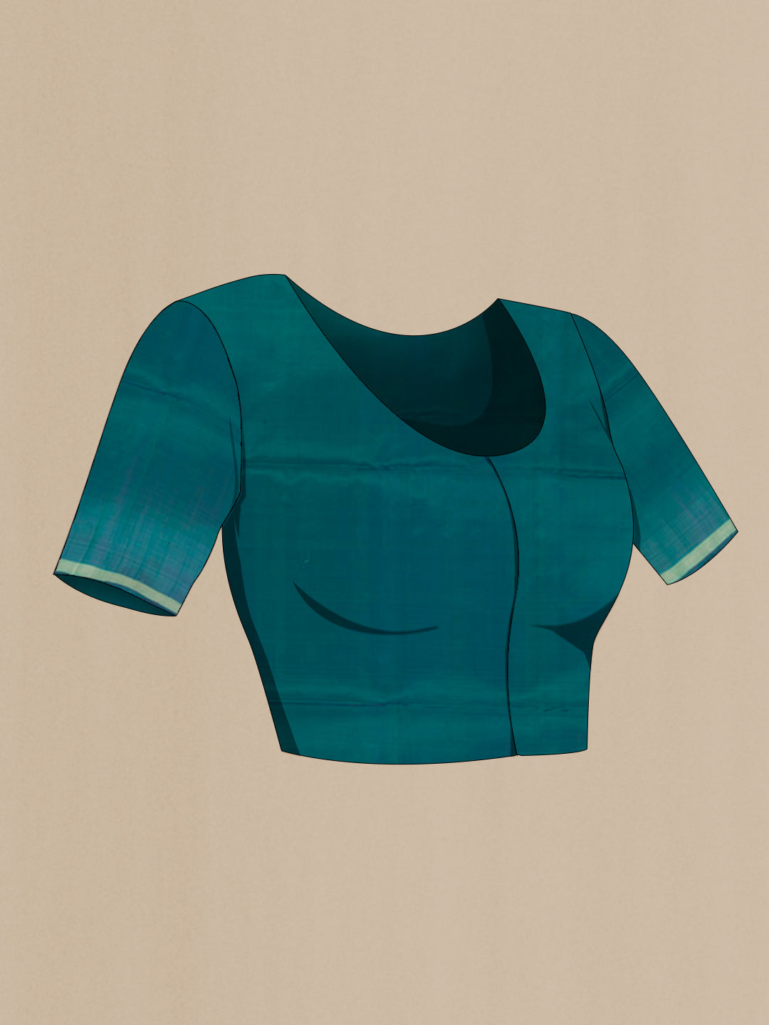 Close up image of the blouse of Peacock Blue Soft Silk Saree with Zari Butta on the body and Zari Border. 