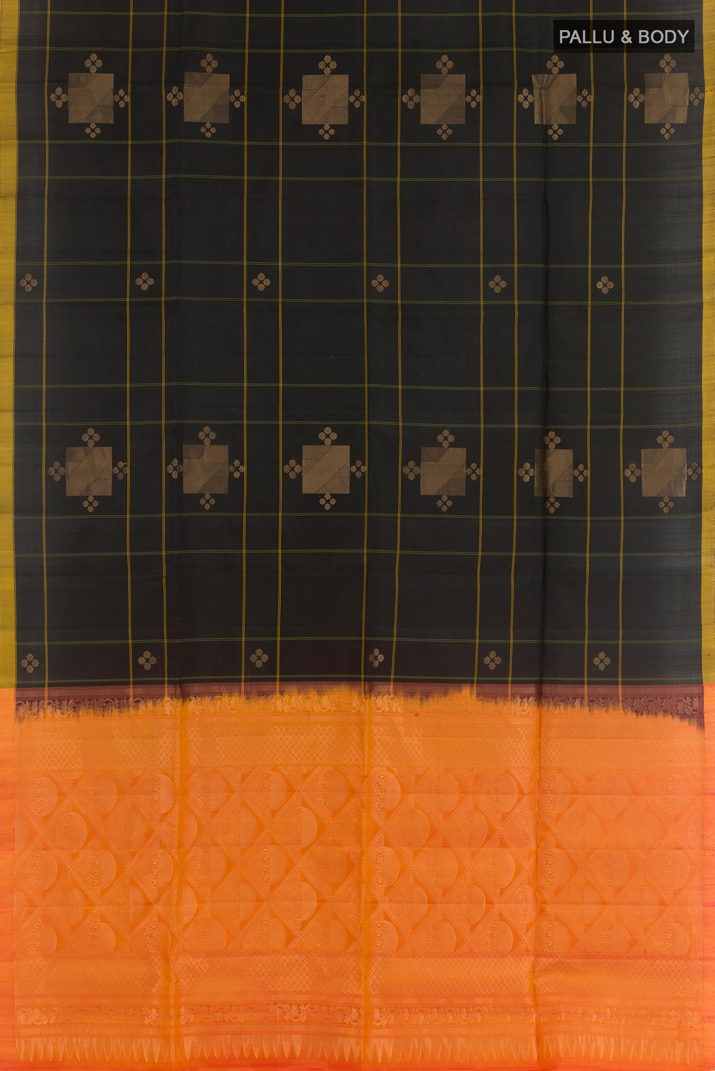 Flat view of Black Soft Silk Saree with Zari Butta on the body and Zari Border. 