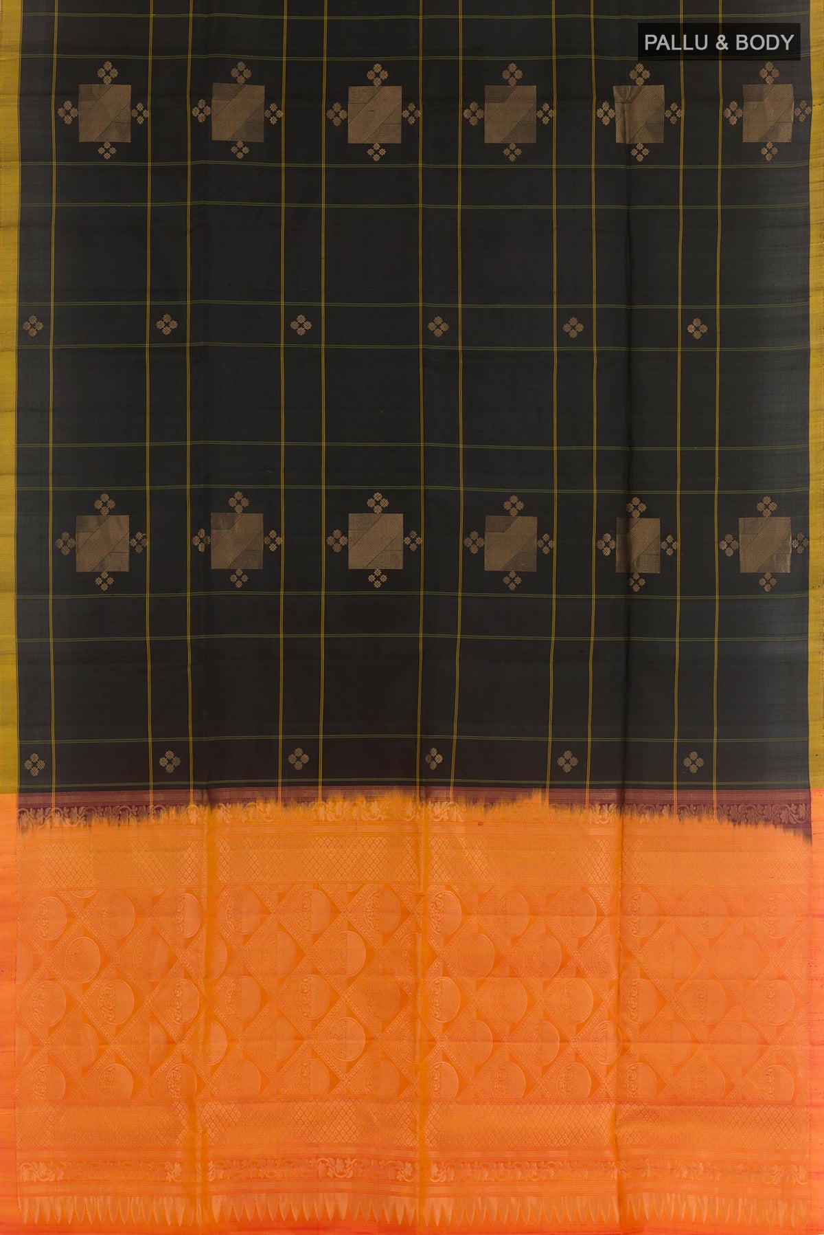 Flat view of Black Soft Silk Saree with Zari Butta on the body and Zari Border. 
