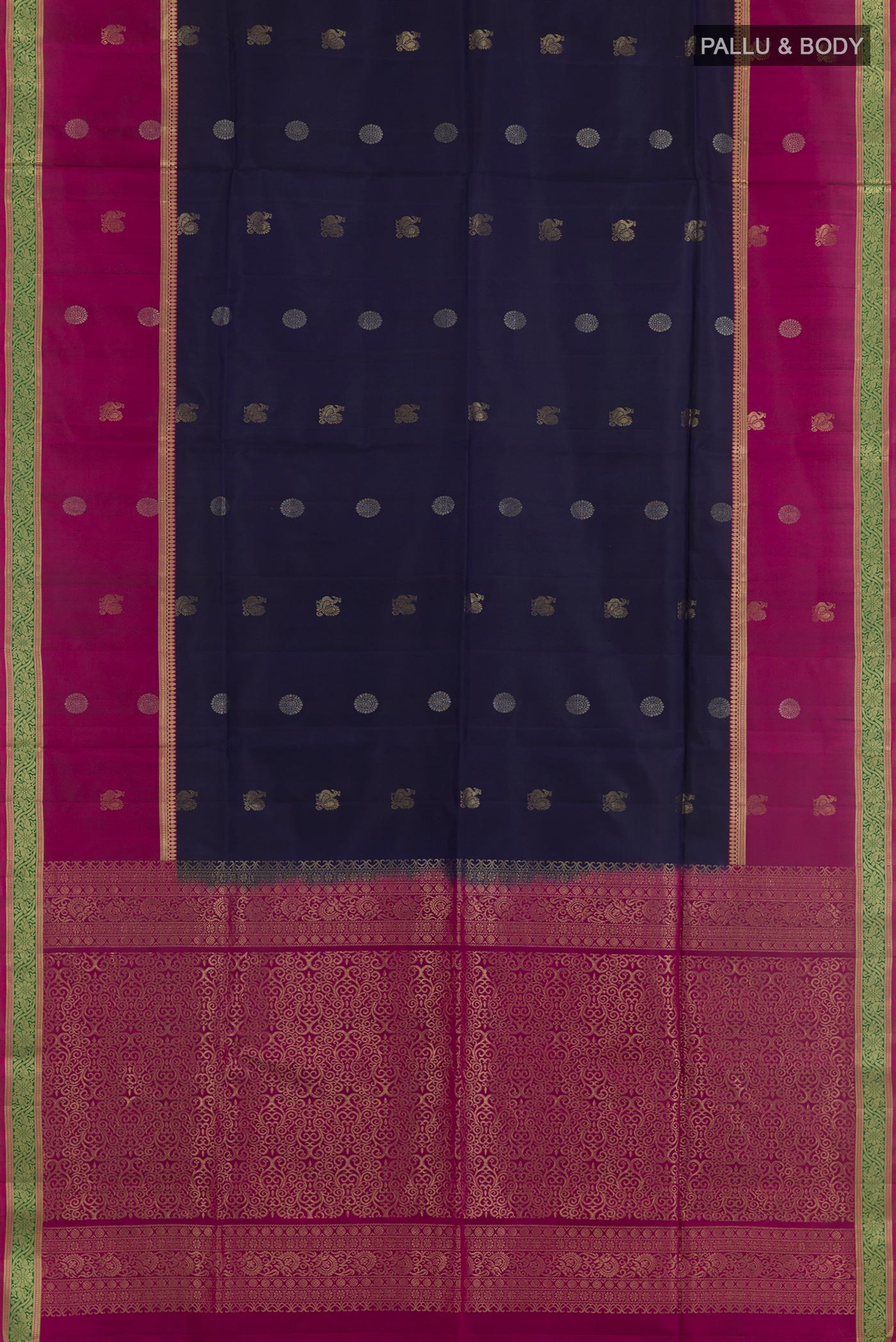 Flat view of Dark Blue Soft Silk Saree with Zari Butta on the body and Zari Border. 