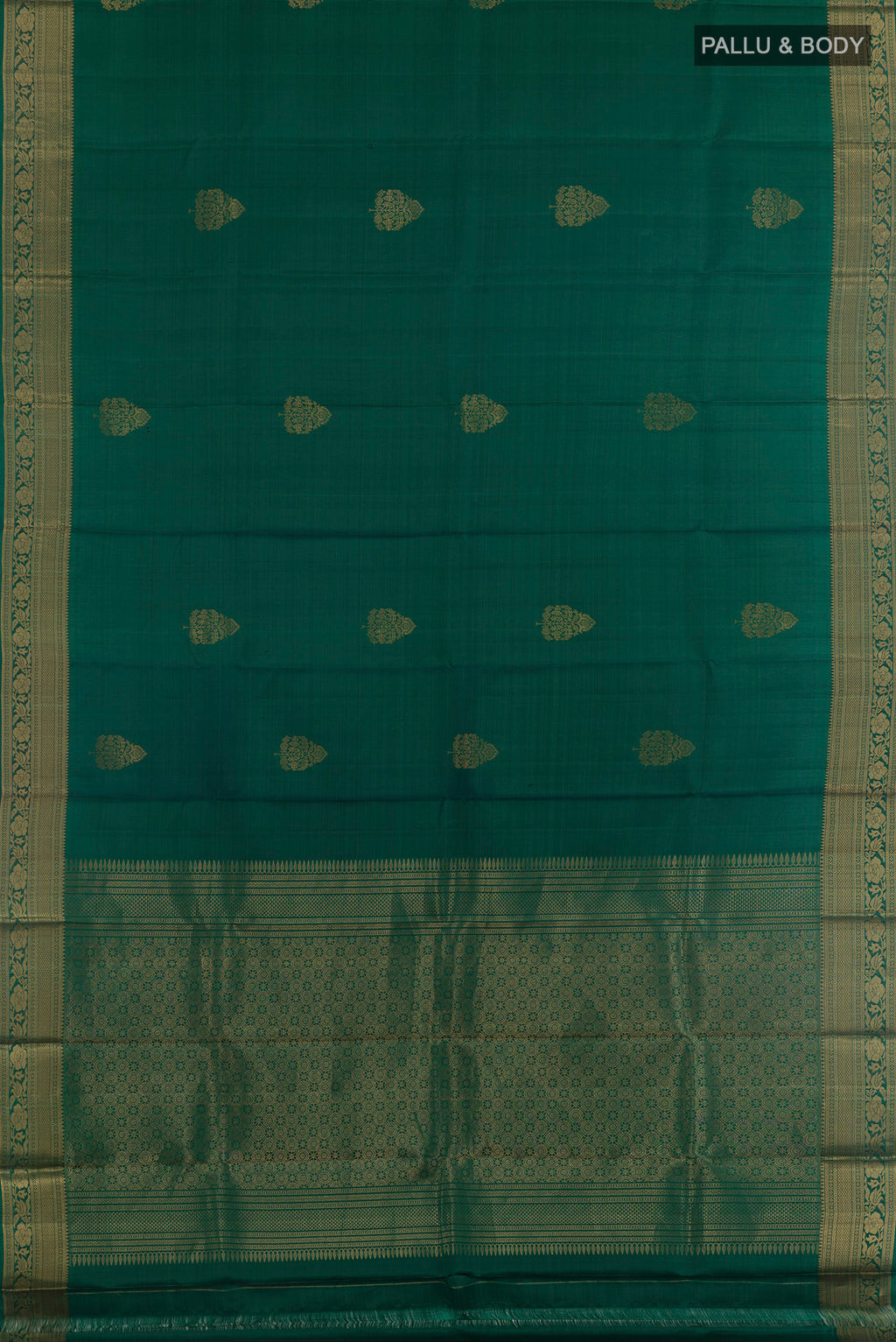 Flat view of Pure Silk Green Kanchipuram Saree with Zari Butta on the body and Zari Border. 