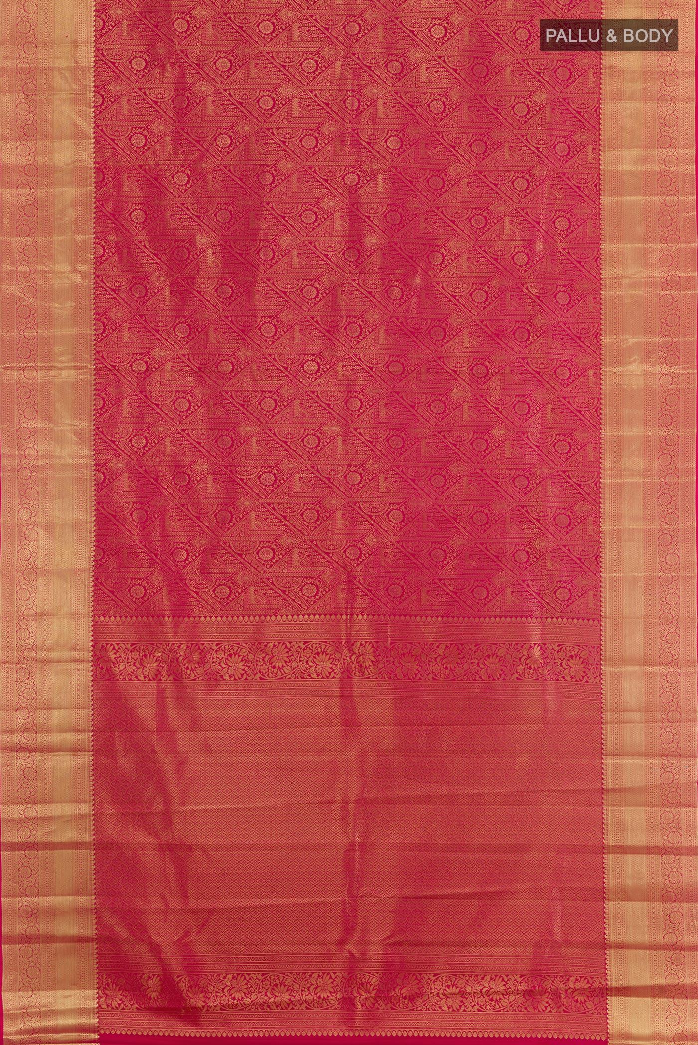Flat view of Rani Pink Kanchipuram Silk Saree with Zari Brocade on the body and Zari Border. 